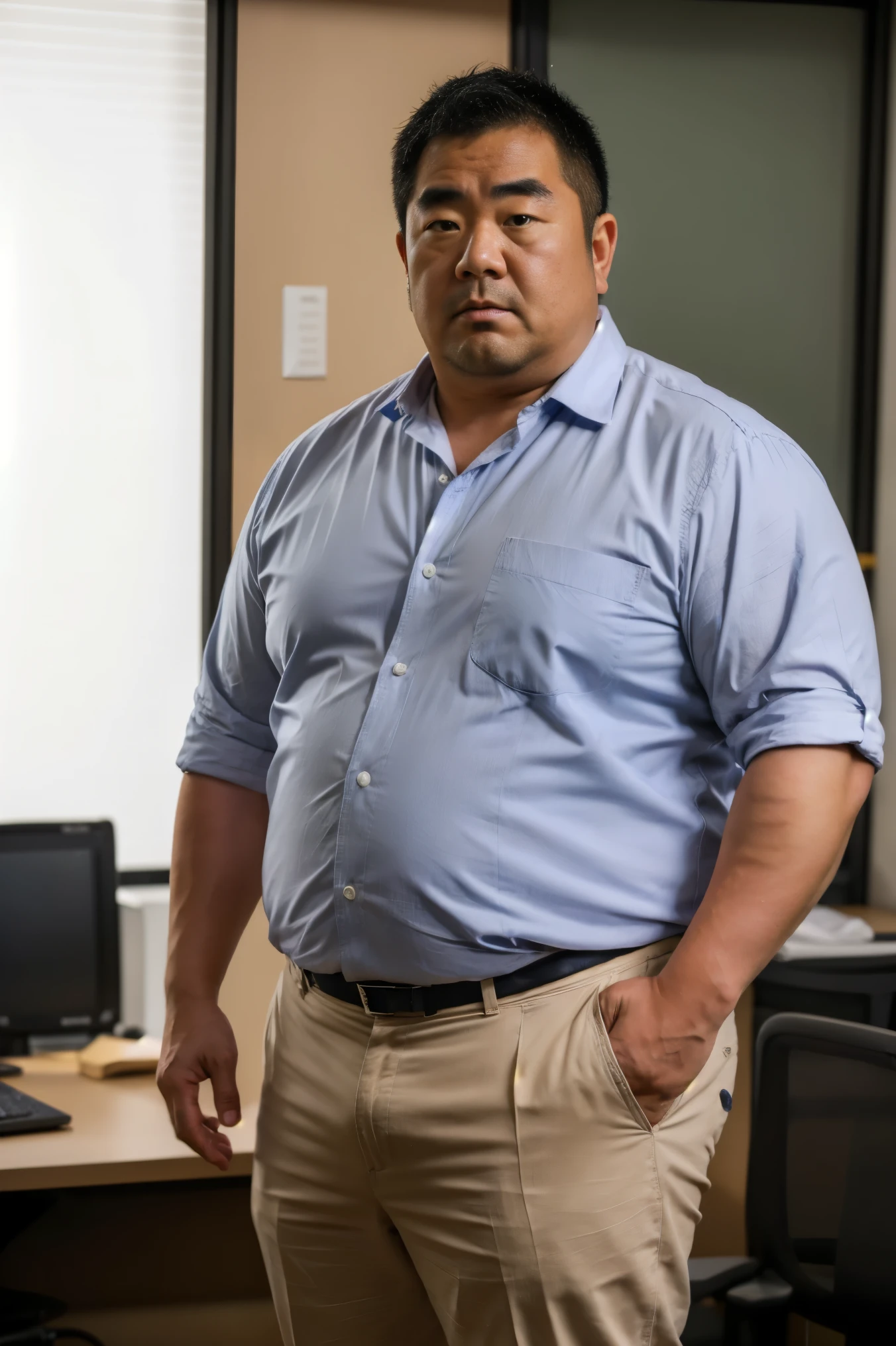 A slightly overweight 30-year-old Japanese man., A Japanese man wearing a white business shirt is standing, Grey trousers, Medium length hair, Natural Hair, He is looking at the audience, Round face:2,  thighs, Mouth details,  At the office at night ,  Coffee Break ,  very detailed,  anatomically accurate ,   This photo was taken with a medium telephoto lens  , Dark warehouse at night,  green,  She wears a silver ring on her left ring finger., He has his mouth slightly open,   Orgasm Facial , Erotic Humiliation, glass, 