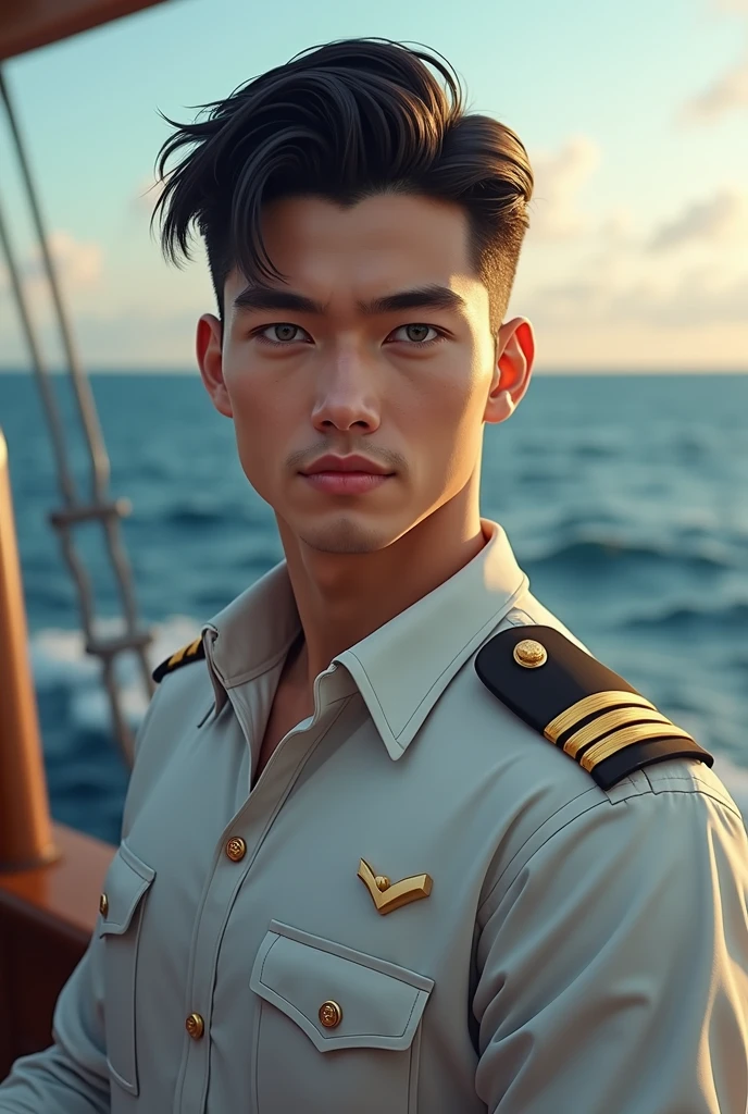 masterpiece, best quality, high resolution, closeup portrait, male focus, solo focus, a man, with sailor clothes, bare chest, sailor hat, in the background a boat, amazing composition, front view, HDR, volumetric lighting, ultra quality, elegant, highly detailed