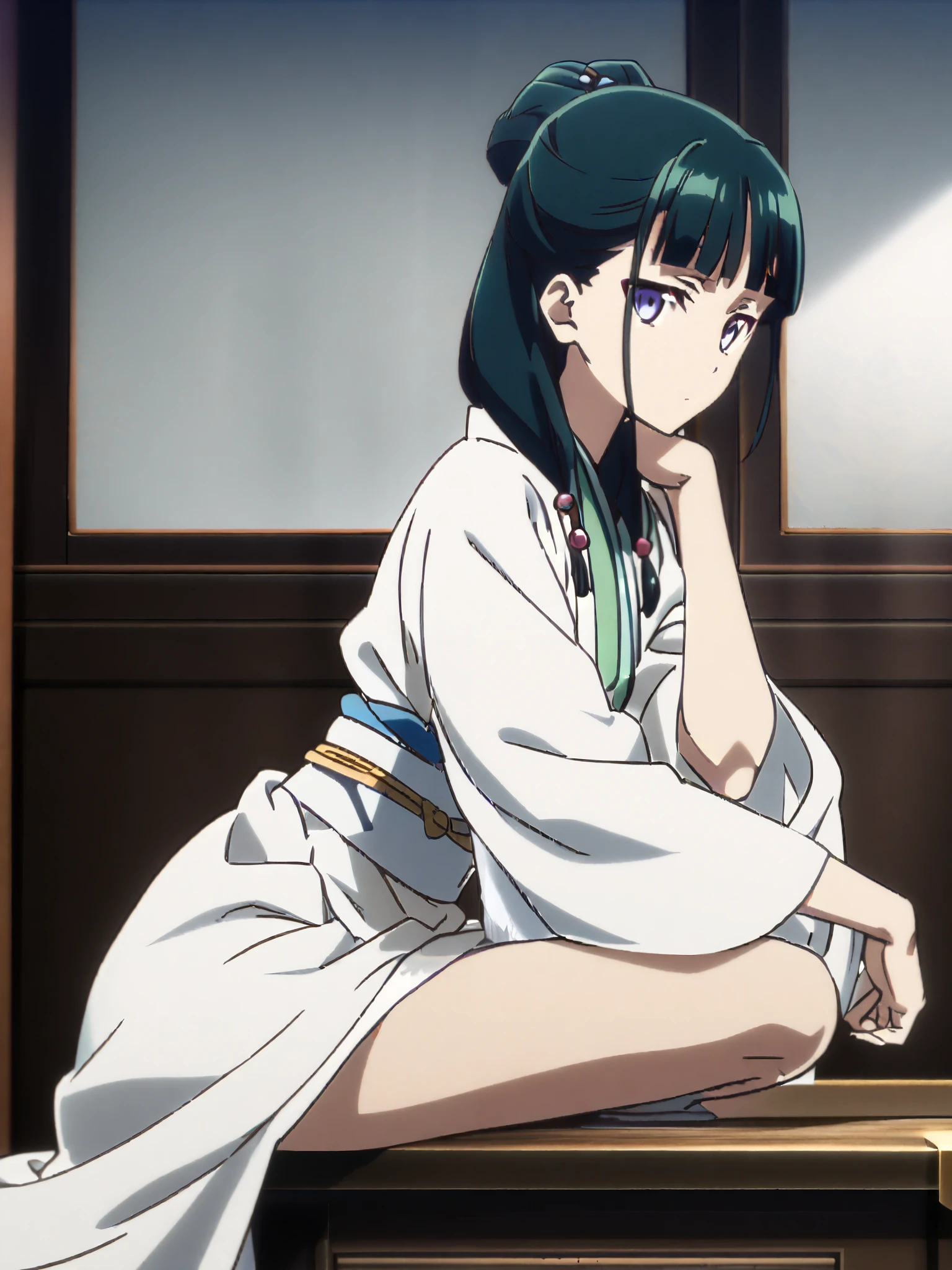 anime - style illustration of a woman in a (white silk loincloth:1.5), (kimono:1.5), anime character, official character art, full body, female anime girl, (small breasts), dark green and teal hair, blunt bangs, in the private room, (sitting posing:1.5), looking at viewer, from side, (expressionless:1.5), red lips,