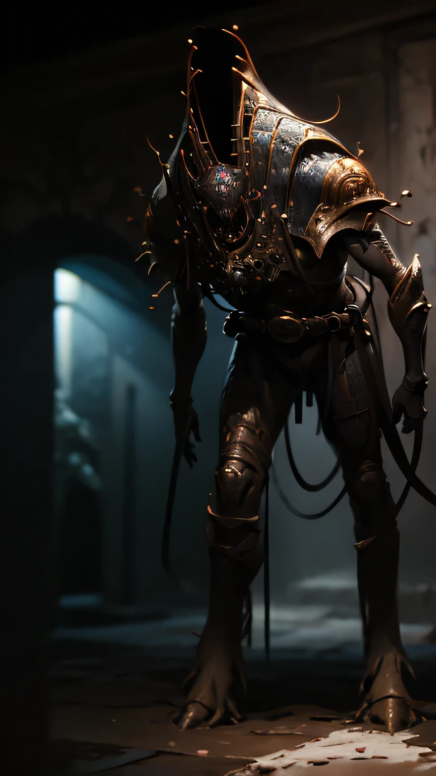 a humanoid monster knight , intricate details, dark fantasy, dramatic lighting, cinematic composition, highly detailed, masterpiece, photorealistic, volumetric lighting, dark moody atmosphere, epic fantasy, dark medieval, chiaroscuro, sharp focus, ultra-detailed, premium quality