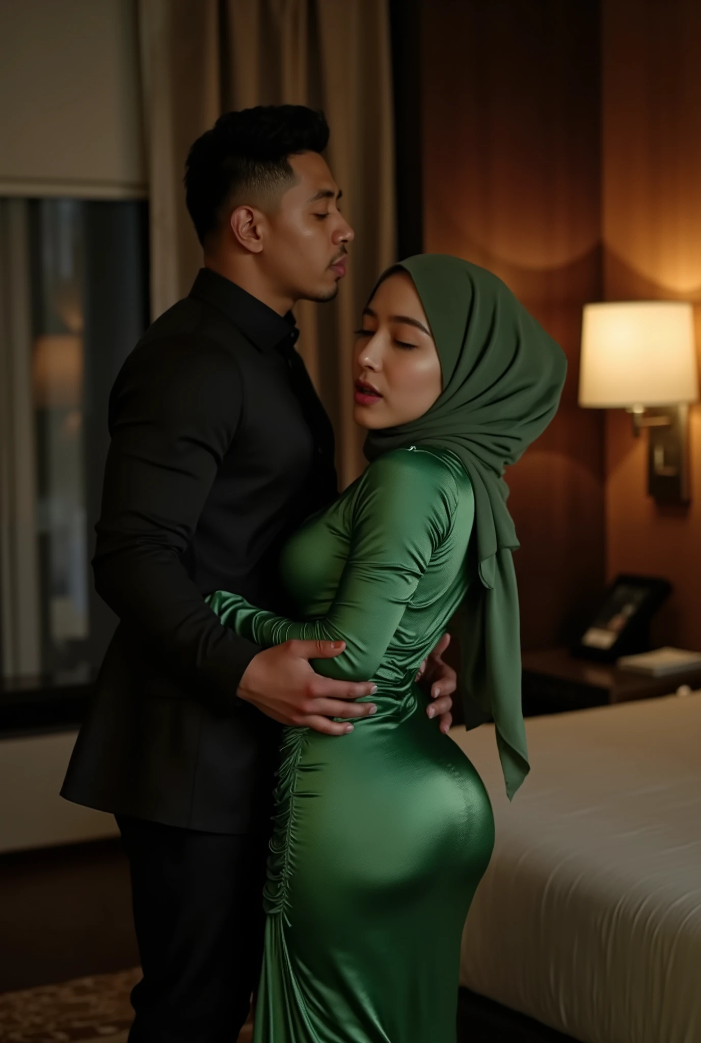 Indonesian girl feeling horny, hotel room, body photo, ((hijab)), ((green)) satin dress, long sleeves, very long dress, a naked male kissing her neck from behind, sexy tight dress plain, long skirt, slim body, ((hijab: 1.4)) (big breast : 1.8), ((naughty pose)), ((tight dress)), sexy body, dark room