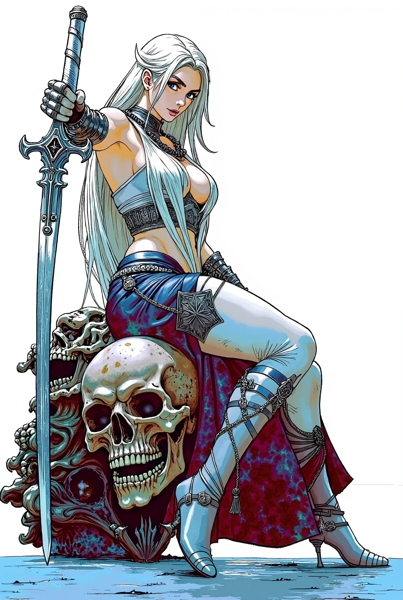 <lora:Fantasy_art_XL_V1:0.9><lora:HeavyMetalStyle-000009:0.9>taarna,(white)(hair, lips, eyes , <lora:xl_more_art-full_v1:0.5>Art by Frank Frazetta, Frank Frazetta Art Style, taarna holds her sword to the side as lightning strikes the blade and flashes all around <lora:more_details:0.4> <lora:Fantasy:0.2>
