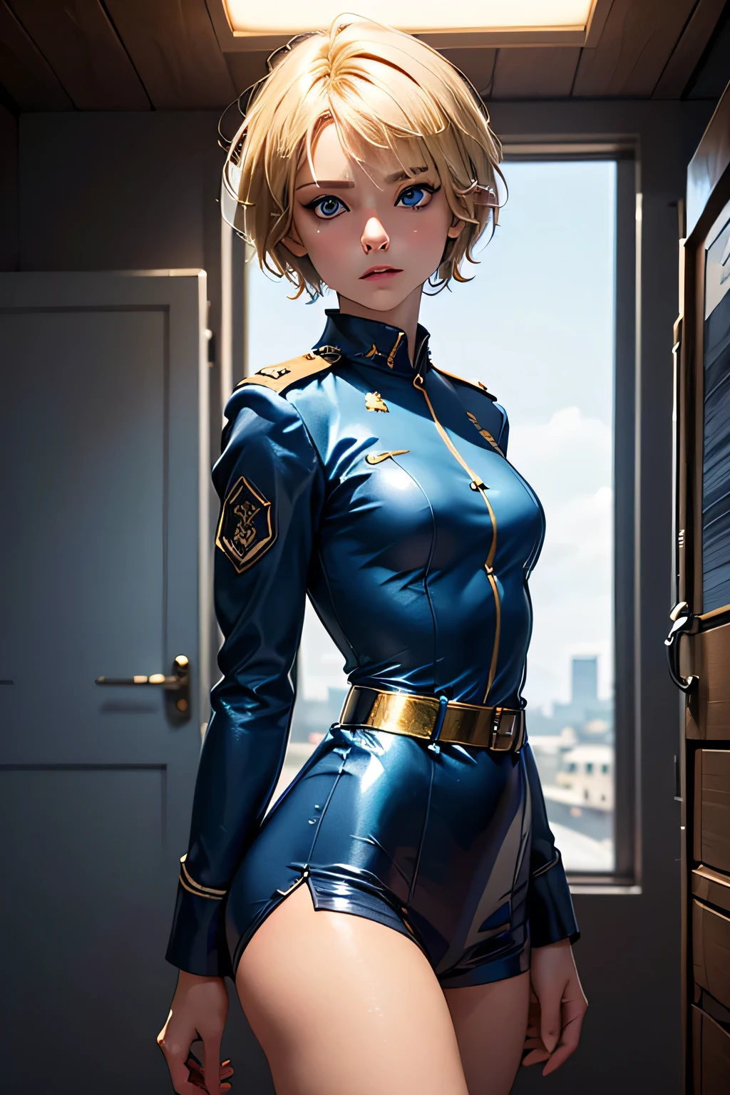 girl , small girl , short blonde hair , blue eyes, angry face , body , red militar beret , green leotard , seios planos , gloves , latex ,long boots .