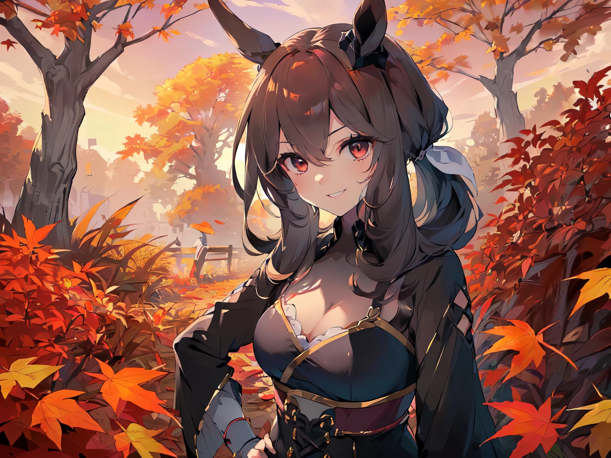 (((Solo, girl with horse ears, ninja outfit, hands on hips, looming, leaning forward, straight posture, open-mouthed seductive smile, black hair, long hair, hair tousled by wind, carpet of dead leaves, autumn foliage, red sky, detailed body structure, masterpiece, best quality, highest resolution, focus on breasts, close-up of upper body)))