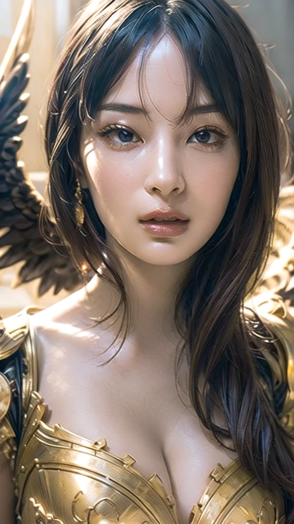 Ultra-detailed complex 3D rendering of the face, (Colossal: 8.8), (masterpiece, top quality, octane rendering, 8K), glamour shot full body image, cleavage, (highly detailed skin: 1.2), (exposure: 1.1), (blonde), (wearing a plummet tank top of gold silk: 1.5)), blonde hair, beautiful Caucasian woman with full soft breasts and white skin, one with big ass, long braided hair, big breasts, dynamic angle, mystical expression, ultra-realistic photography, (((((portrait))), bare feet, futuristic city background, facial muscles, detailed and beautiful queen tiara, in the style of Marvel Comics, clear focus, studio photography, intricate details, highly detailed, detailed yellow eyes, sharp focus, digital rendering, professional, abs, ((((sexy pose))), natural jungle, open mouth lightly, mansle, open crotch, seductive look, angel ring, detailed angel wings, angel ring, detailed mouth inside,