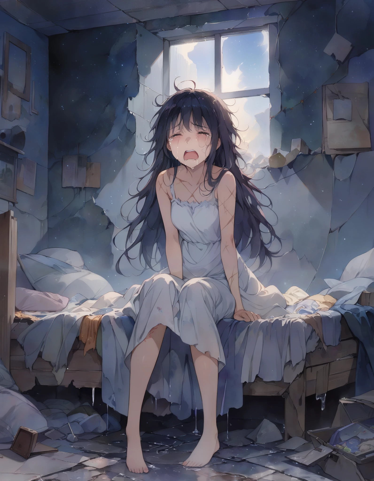((masterpiece, best quality, extremely detailed, absurdres)),watercolor painted illustration,in ruins room,night.starry sky in window,1girl,black hair,long hair,messy hair,(hard crying,dripping tears,shouting),wide open mouth,tattered white dress,body full of scars,sitting on broken bed,(sadness),