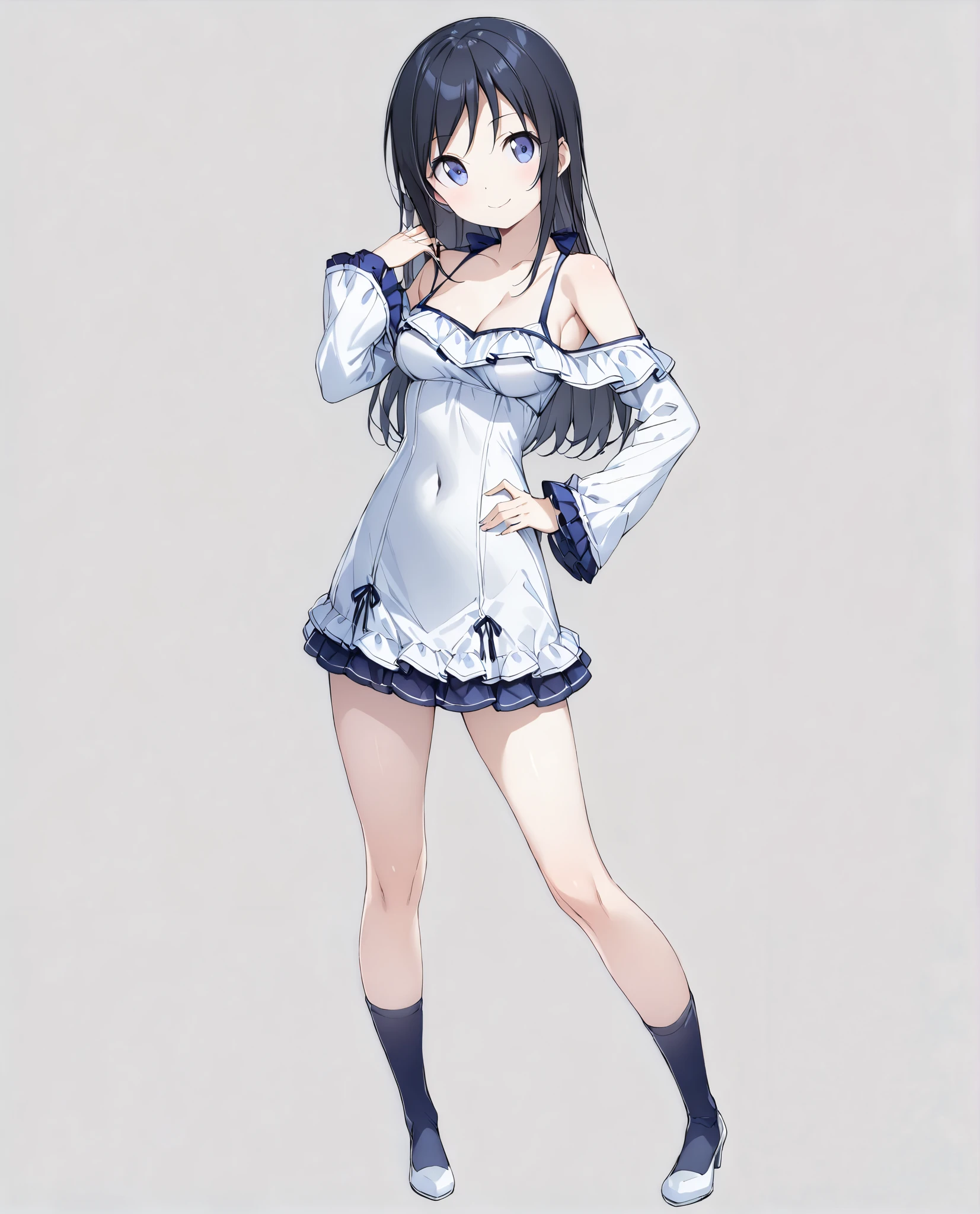 ( 1 girl),(alone),
Masterpiece、 High Quality 、 high resolution、
Gray background、
( head to toe:1.5、 full body view:1.5)、In the center:1.2、
Ayase Aragaki, long hair, blue eyes, black hair,
( Very Beautiful :0.9)、( So cute :0.9)、
(Round face)、(Brighten Your Face:0.7)、( very detailed face)、(Round face)、
( Detailed face:0.7)、(high nose:1.0)、(smile)、
Round Breasts、
Thin legs 、 Slim Body、 perfect five fingers 、
( white skin)、 smooth skin 、
break
( White Off Shoulder Top with Ruffle Sleeves )、
dark blue miniskirt 、Blue knee-high socks 、
White pumps、
Detailed clothing、
bright color、Delicate fabric、
viewers,
Slight Body ,
medium boobs,
petite height,
(alone Focus:1.0),
( standing:1.5),
( Seductive Poses:0.2),
( full body shot :1.5),
( from the front :0.7),
( no background),