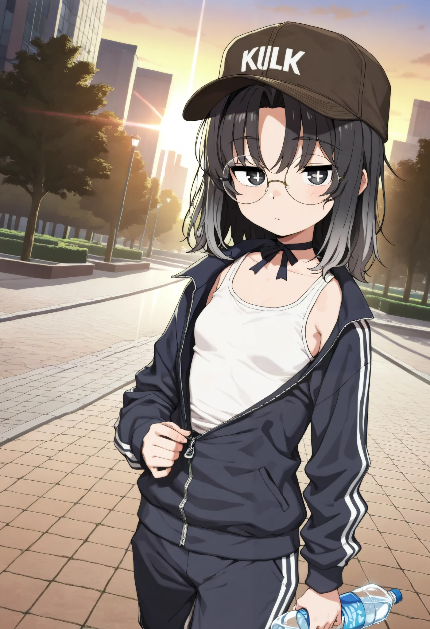 masterpiece, best quality, 1girl, , small breasts, dynamic angle, looking at viewer, expressionless, closed mouth, (black eyes, symbol-shaped pupils, +_+), (headwear, trucker hat, round eyewear, glasses, shiny lens), (medium hair, hair intakes, black hair, multicolored hair, grey tips hair, bangs), (ribbon choker, black track jacket, long sleeves,zipper open, white tank top, track pants), holding bottle of water, cold water, walking, sidewalk, park, cityscape, warm lighting, sunlight, Lensflare, morning sky, chill atmosphere, anime screencap, 