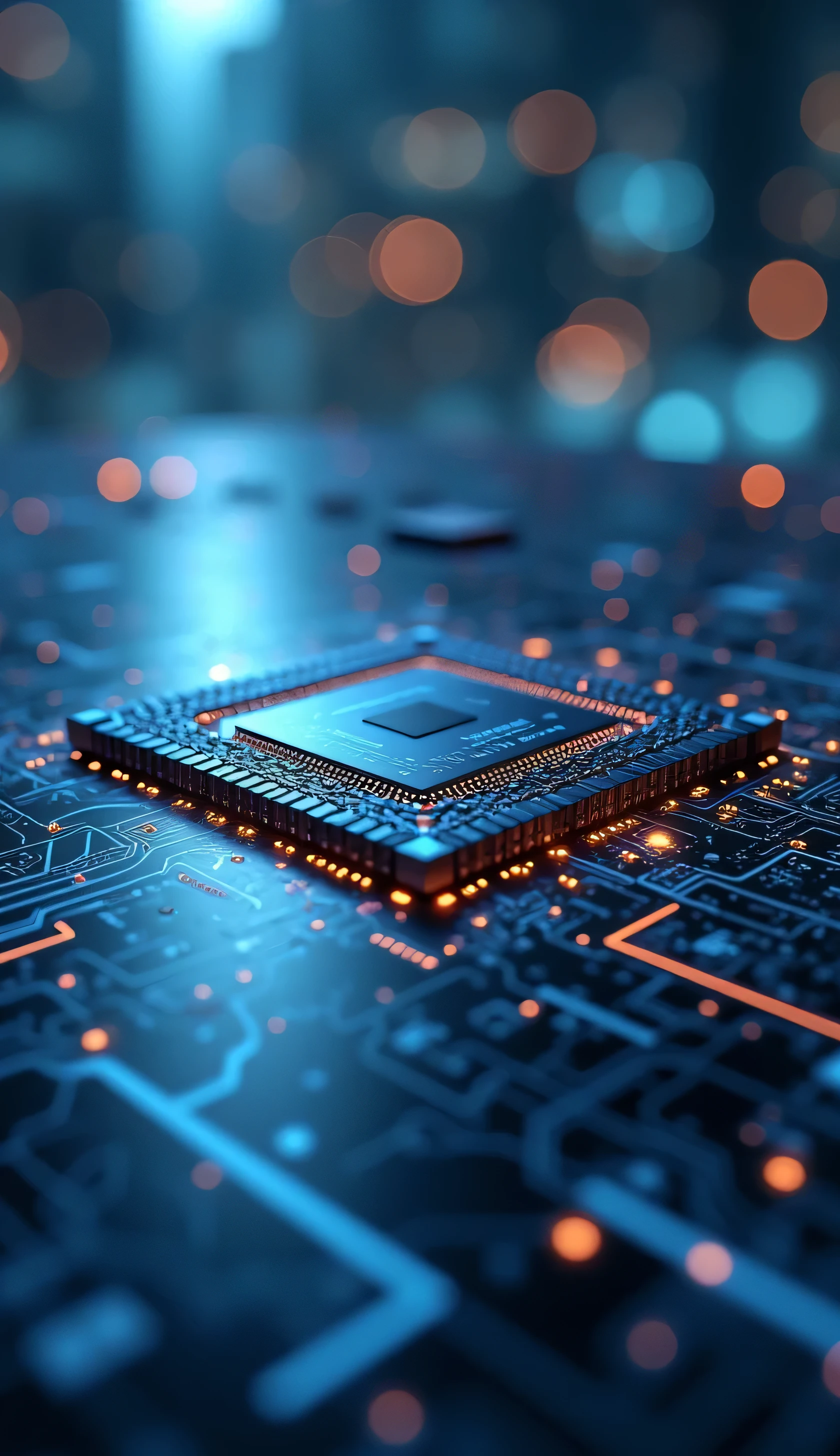 Close-up of a futuristic microchip on a sleek, reflective surface, with blurred digital graphs and glowing lines in the background, symbolizing advanced technology and high-performance chip sales. Shot with f/2.0 aperture for shallow depth of field, emphasizing the chip's intricate details, in the style of stock photography --ar 16:9 --style raw --v 6.0 --c 20 --s 50