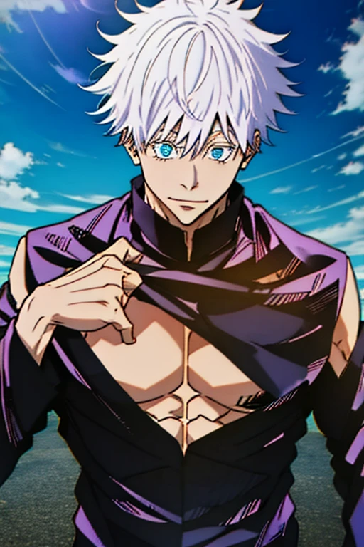 1boy, Saturated Gojo walking, white hair goosebumps, blue eyes, wearing a black blindfold, fantasy, black robe, red and blue magic, 8k, hd