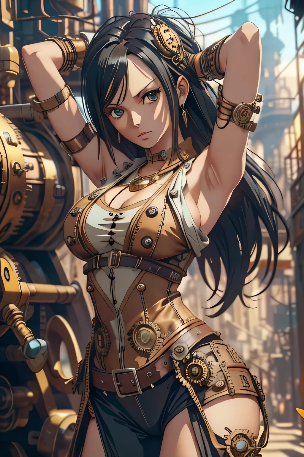 NICO ROBIN from One Piece ((sleeveless steampunk dress))((sexy))（ masterpiece：1.3），sleeveless, black hair , black eyes ，The best quality ，He is very detailed，Get closer to the lens，nsfw， Delicate and beautiful face ，steampunk world, steampunk city filled with steampunk detail, One Piece art style, realistic lighting, realistic texture