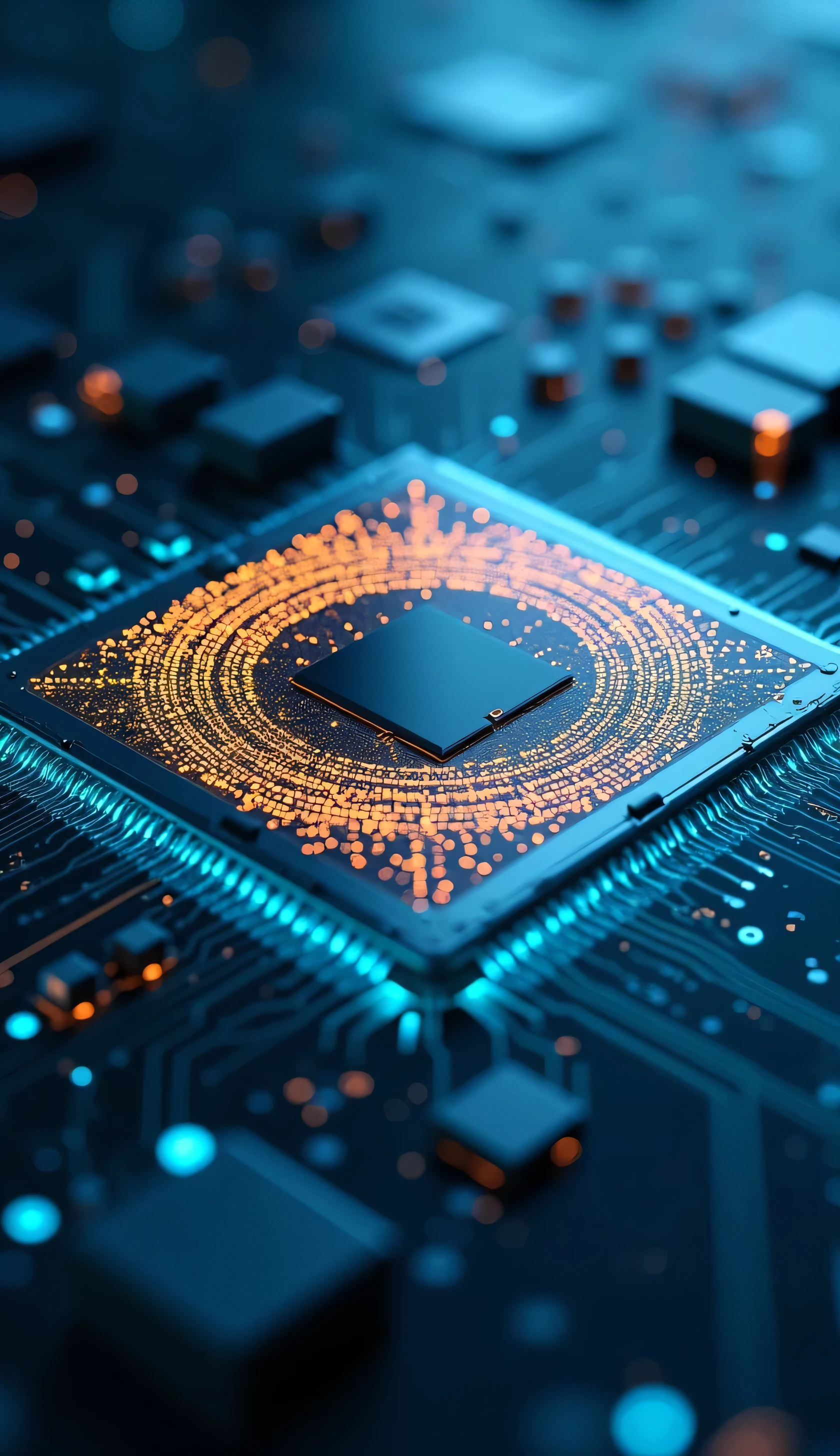 Extreme macro of quantum microchip, liquid-cooled copper veins glowing cyan, fractal antenna arrays radiating golden light, mirrored surface blending into cloud server schematics. Shot at f/2.2, icy blue bokeh highlights, minimalist tech style with metallic sharpness