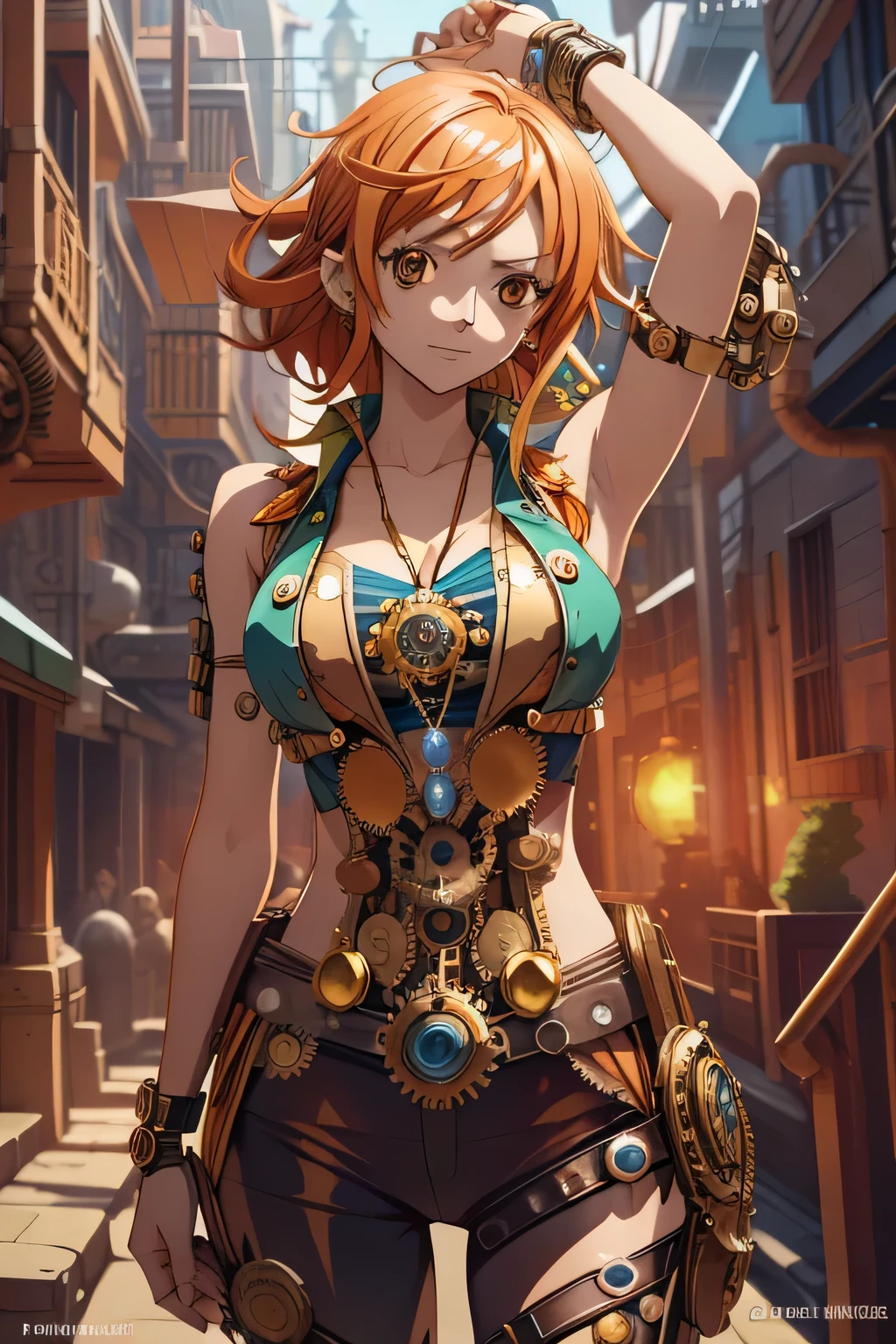 Nami from One Piece ((sleeveless steampunk dress))((sexy))（ masterpiece：1.3），sleeveless, long orange hair , orange eyes ，The best quality ，He is very detailed，Get closer to the lens，nsfw， Delicate and beautiful face ，steampunk world, steampunk city filled with steampunk detail, One Piece art style, LONG ORANGE HAIR
