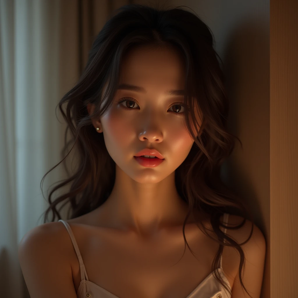 luda in blouse, long grey hair, hair bangs, cute asian girl, 20yo, half body, sexy pose, looking to camera, standing dark bedroom, rim lighting, two tone lighting, dimly lit, low key , hyper realistic lifelike texture dramatic lighting unrealengine trending on artstation,award winning photo,nikon RAW photo,8 k,Fujifilm XT3,masterpiece, best quality, realistic, photorealistic,ultra detailed,extremely detailed face,