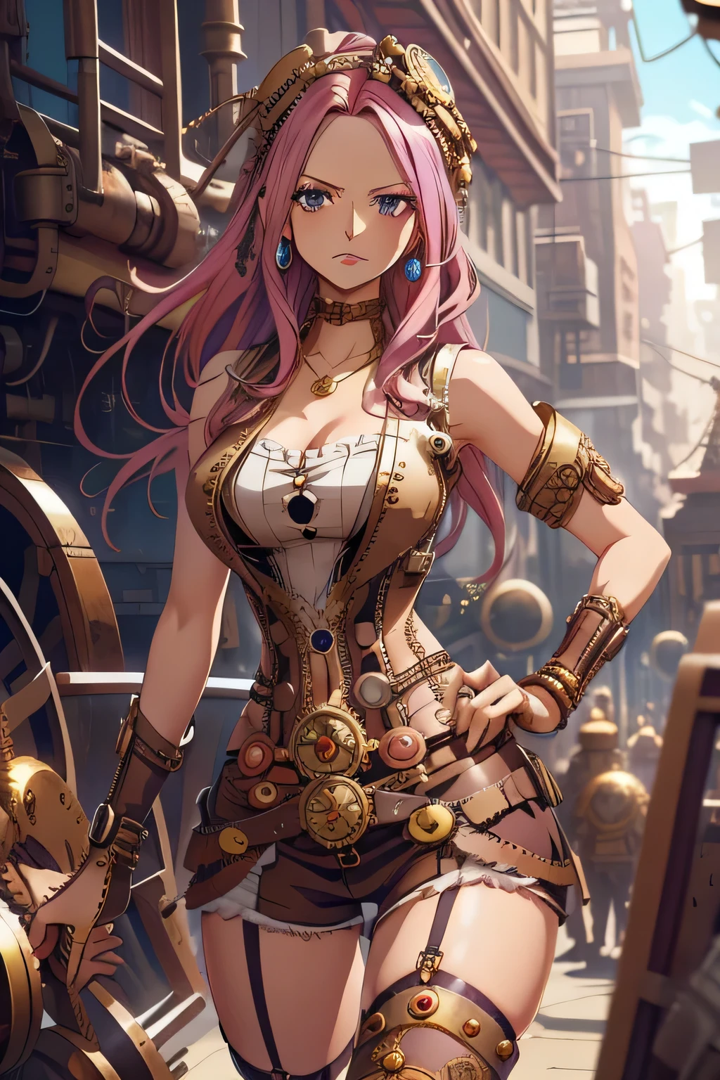 Jewelry Bonney from One Piece ((sleeveless steampunk dress))((sexy))( masterpiece:1.3),sleeveless, pink hair, dark violet eyes,wearing lipstick, The best quality ,He is very detailed,Get closer to the lens,nsfw, Delicate and beautiful face ,steampunk world, steampunk city filled with steampunk detail, sleeveless steampunk dress