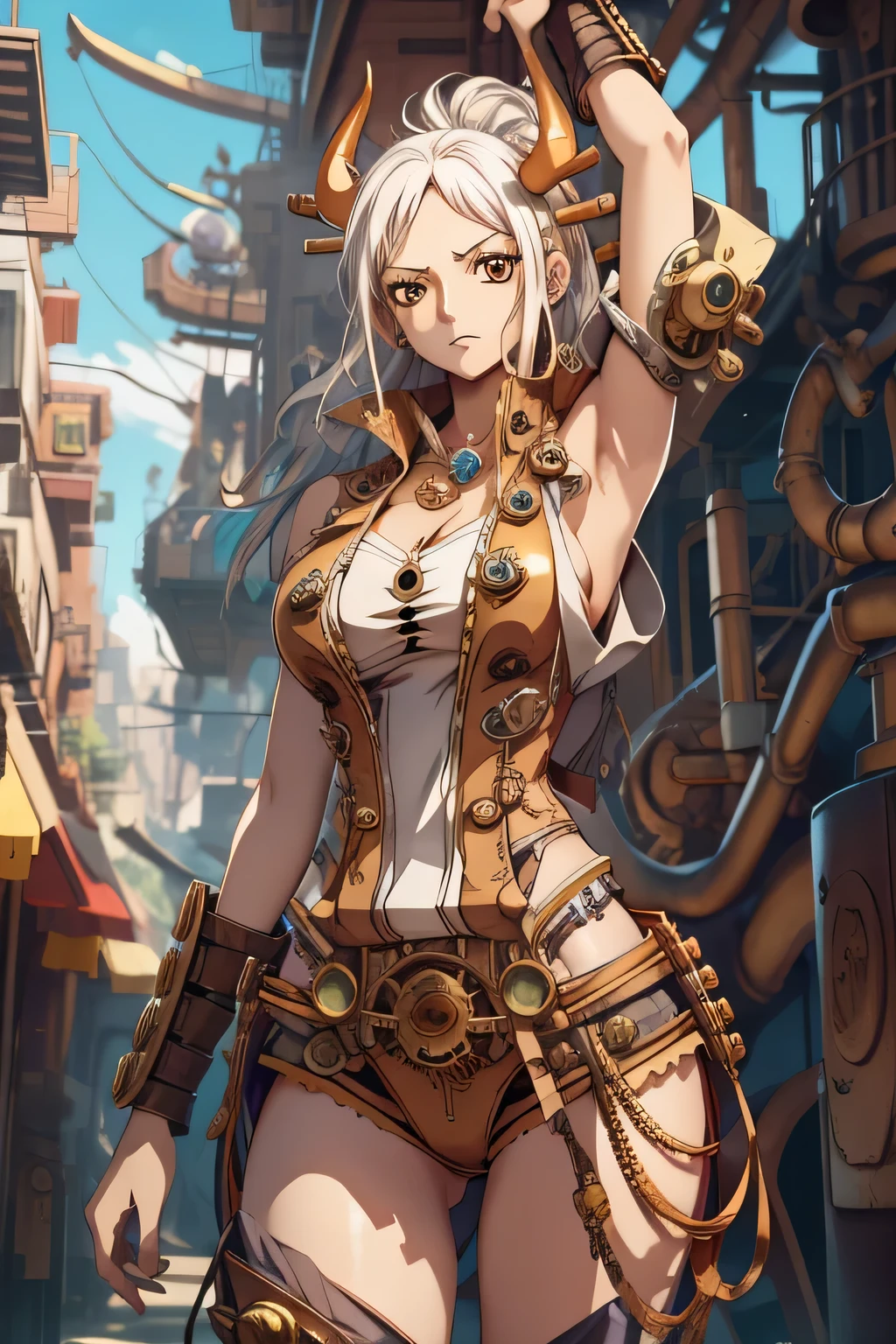 Yamato from One Piece ((sleeveless steampunk dress))((sexy))( masterpiece:1.3),sleeveless, white hair ,orange eyes, horns on her head, The best quality ,He is very detailed,Get closer to the lens,nsfw, Delicate and beautiful face ,steampunk world, steampunk city filled with steampunk detail, showing both her armpit, in steampunk city, wearing sleeveless steampunk dress