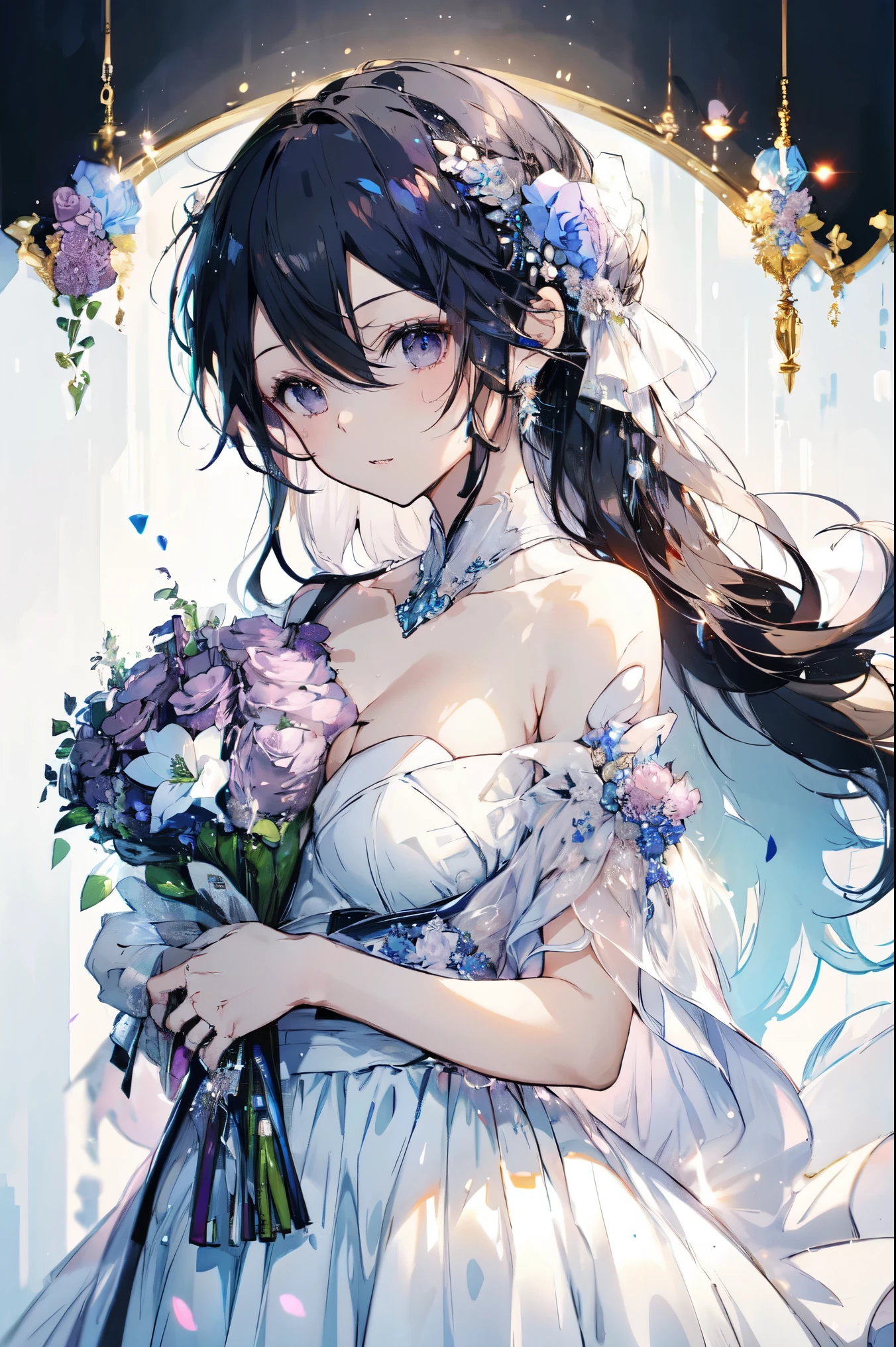 (Best Quality, masutepiece:1.2), (Realistic:1.3),, (hyper detailed background, Detailed background), Bokeh,, , gorgeous prom dresses, Luxury Prom Dresses, wedding dress, Bridal Veil, bridal gauntlets, Bridal Cascade Bouquet,, Upper body,, chies,, , 1girl in, Cute, Teenage, Posing, Smiling,, Dynamic Angle, Dynamic Pose,, , Very long hair