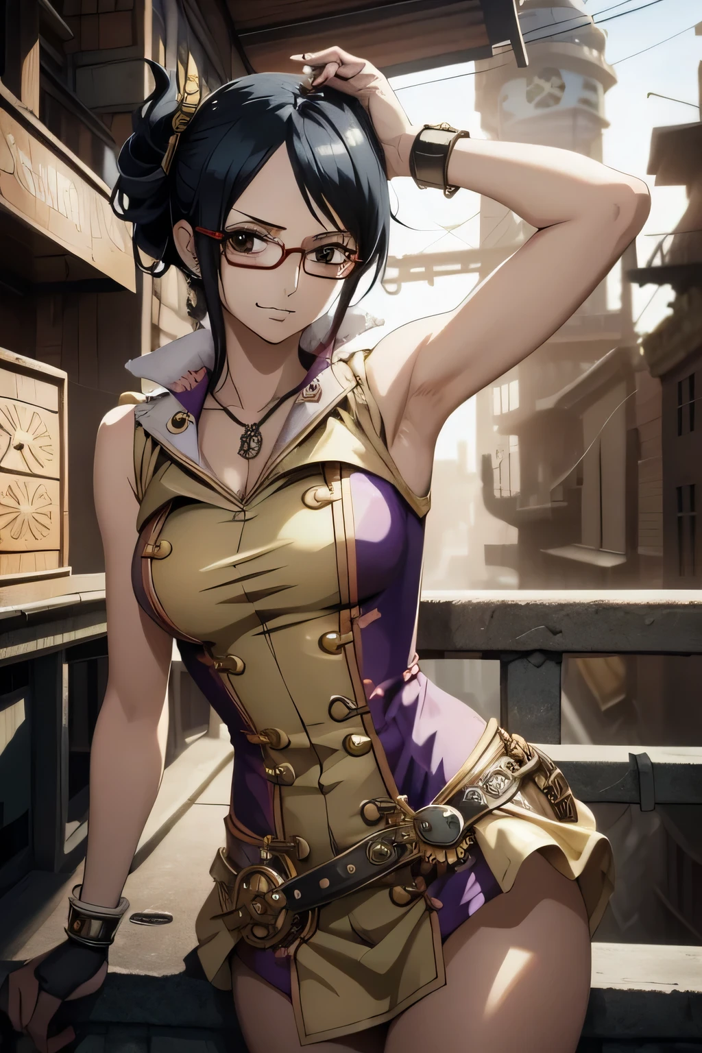 Tashigi from One Piece ((sleeveless steampunk dress))((sexy))( masterpiece:1.3),sleeveless, black hair ,black eyes, wearing glasses, The best quality ,He is very detailed,Get closer to the lens,nsfw, Delicate and beautiful face ,steampunk world, steampunk city filled with steampunk detail