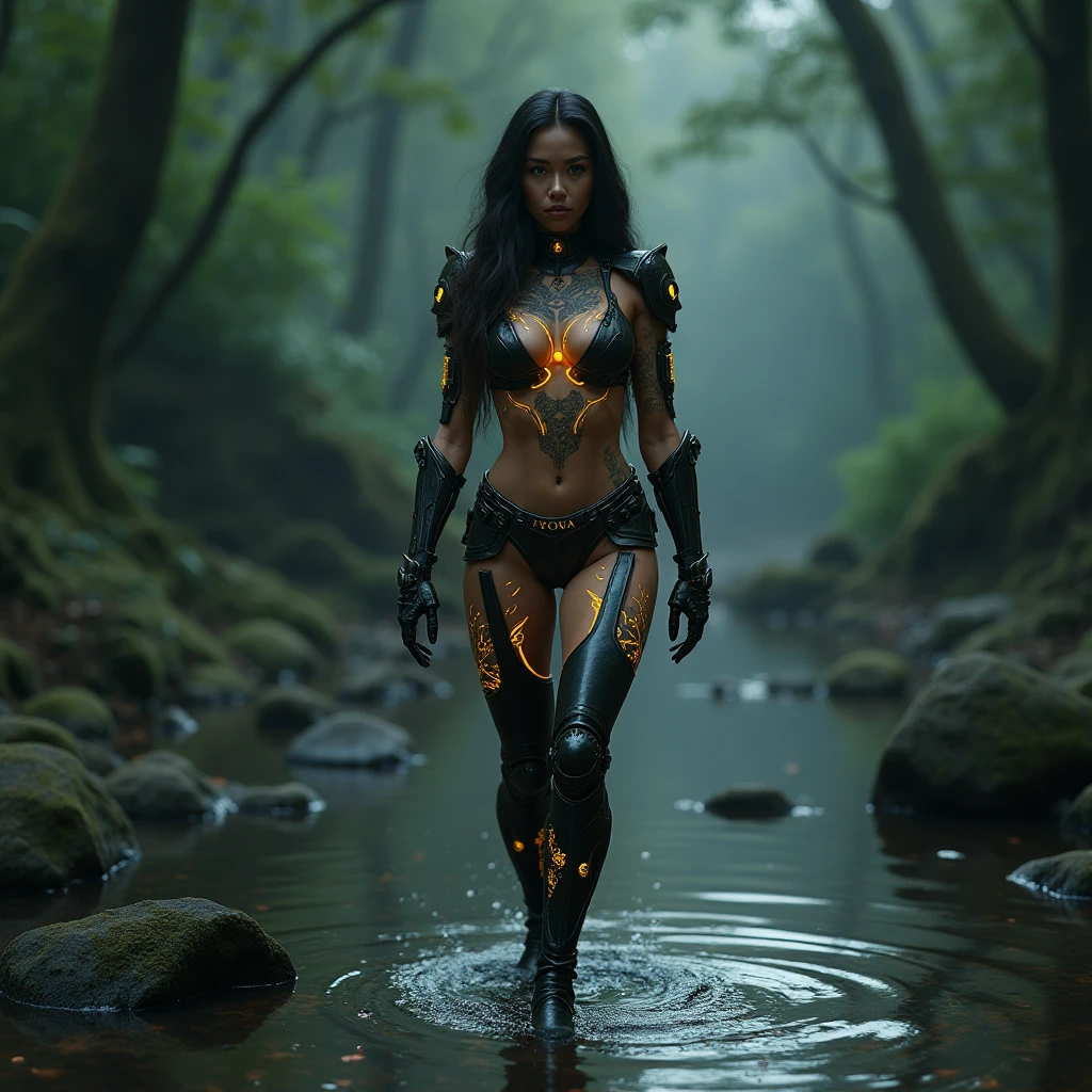 In a (lush jungle:1.3) setting, in the middle of the misty veil formed by (majestic waterfalls:1.3), a sublime warrior, French girl, standing in the water, her gaze piercing directly into the camera lens. The (dark night sky:1.3) above is lit by a (fiery red moon), casting an unearthly glow. A (brazier) projects its glow on the girl. Her perfect physique is highlighted by (beautiful bikini armor:1.5) adorned with (lava and flames:1.3). Her (black tiara), made from (black horns), rests on her long black hair and she wears a sensual smile. The gentle flow of the river creates a calming hum, while the warrior's confidence radiates through the cinematic frame. (Darkness:1.3). (Lava Armor, flames Armor, Big pike armor:1.3)