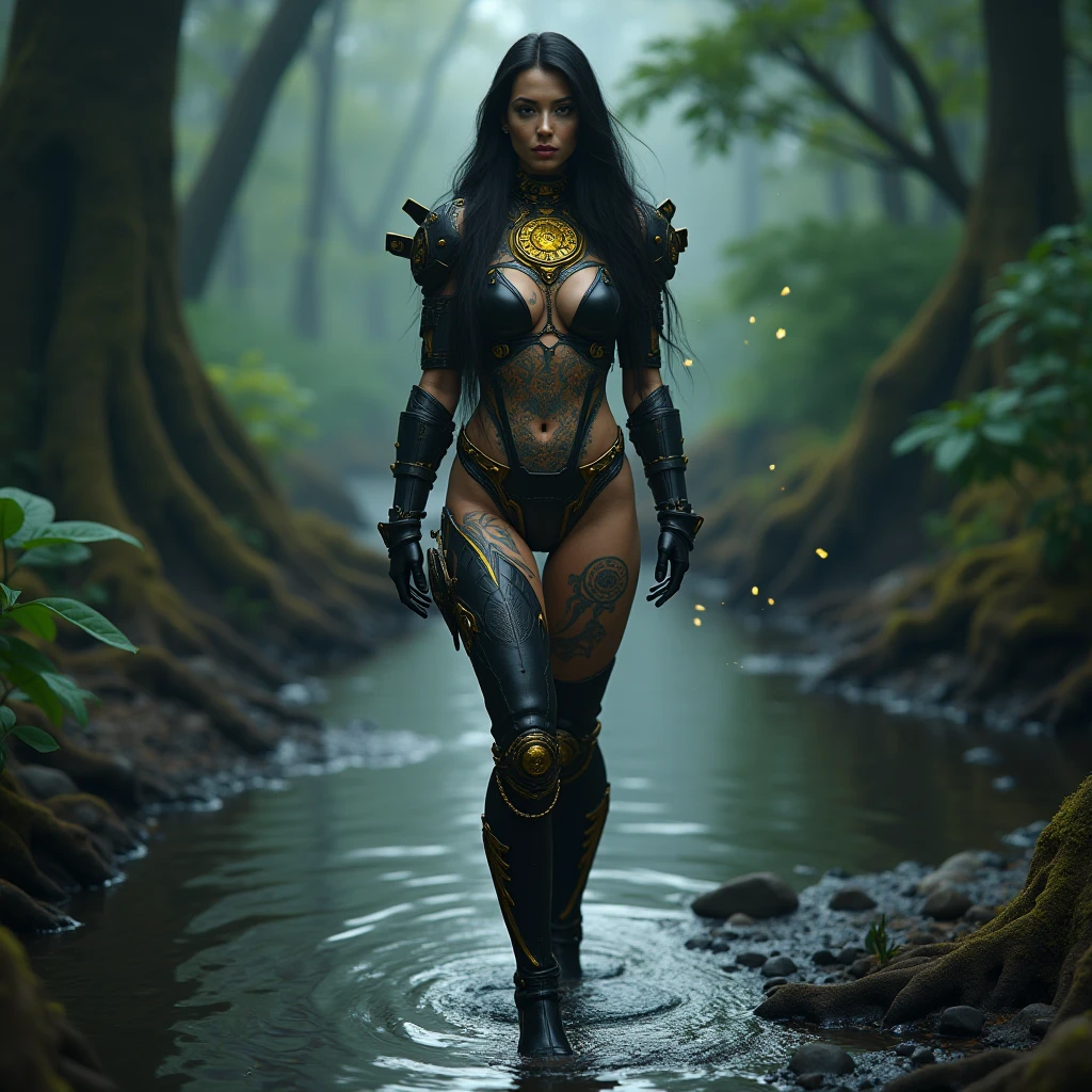 Full body shot seen from behind Sexy 14 years old, superheroine Green Lantern long shaggy wet black hair falling on her long black shoulders, glowing green, eyes red lips muscular large breast, body wears a transparent decorated with green scales shiny elastic body-fitting wetsuit, plunging sleeveless top gold shoulder pads gold bracelets revealing abs midriff a Z symbol on her chest portrait photography by artgerm, in the style of realism, glistening skin, cartooncore, mangacore, natural lighting, Defined full lips. Muscular fitness feminine body standing in the water in the background is a huge terrifying water monster