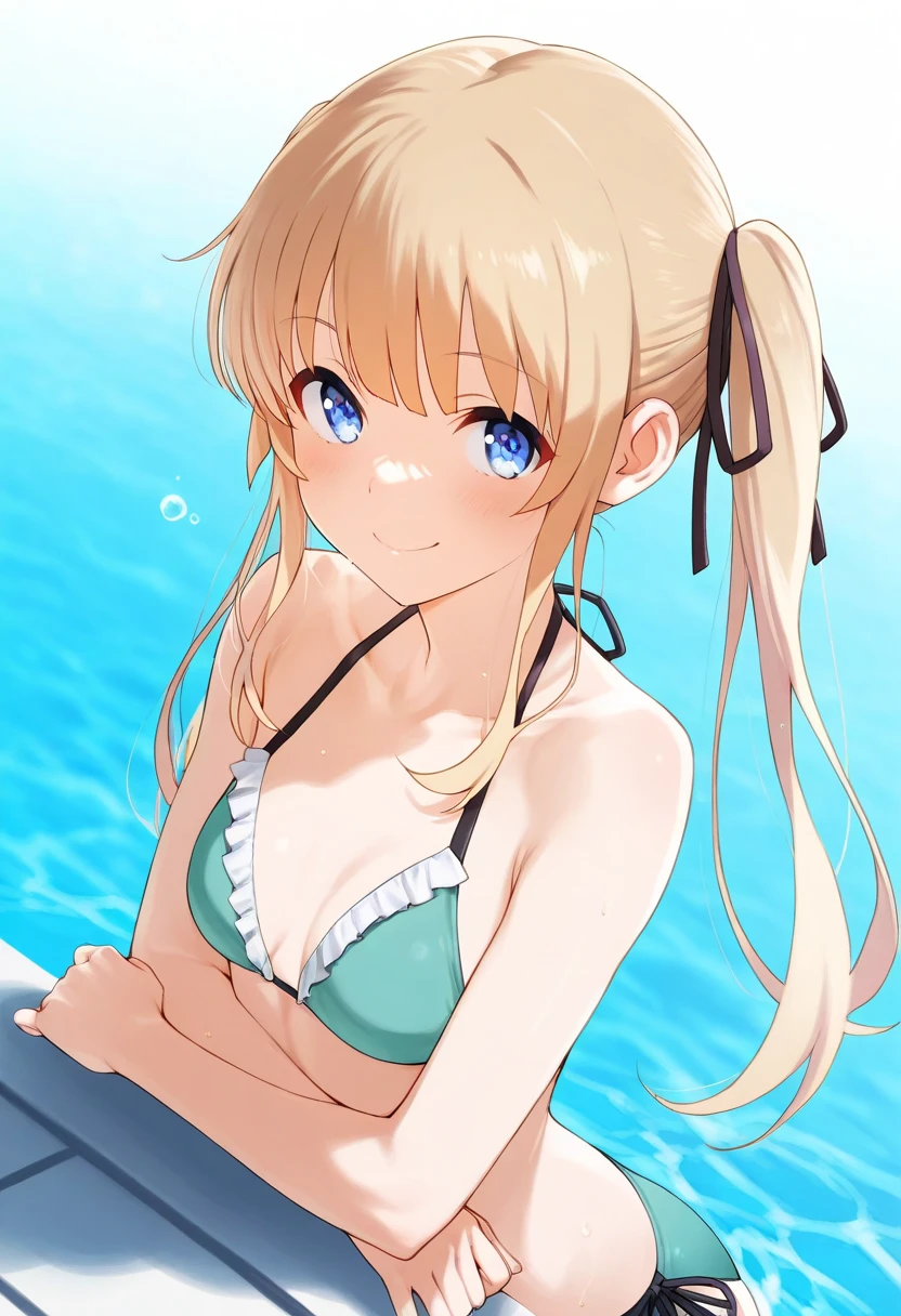 girl, small breasts, belly button,blonde long hair,blue eyes, micro bikini,pool
