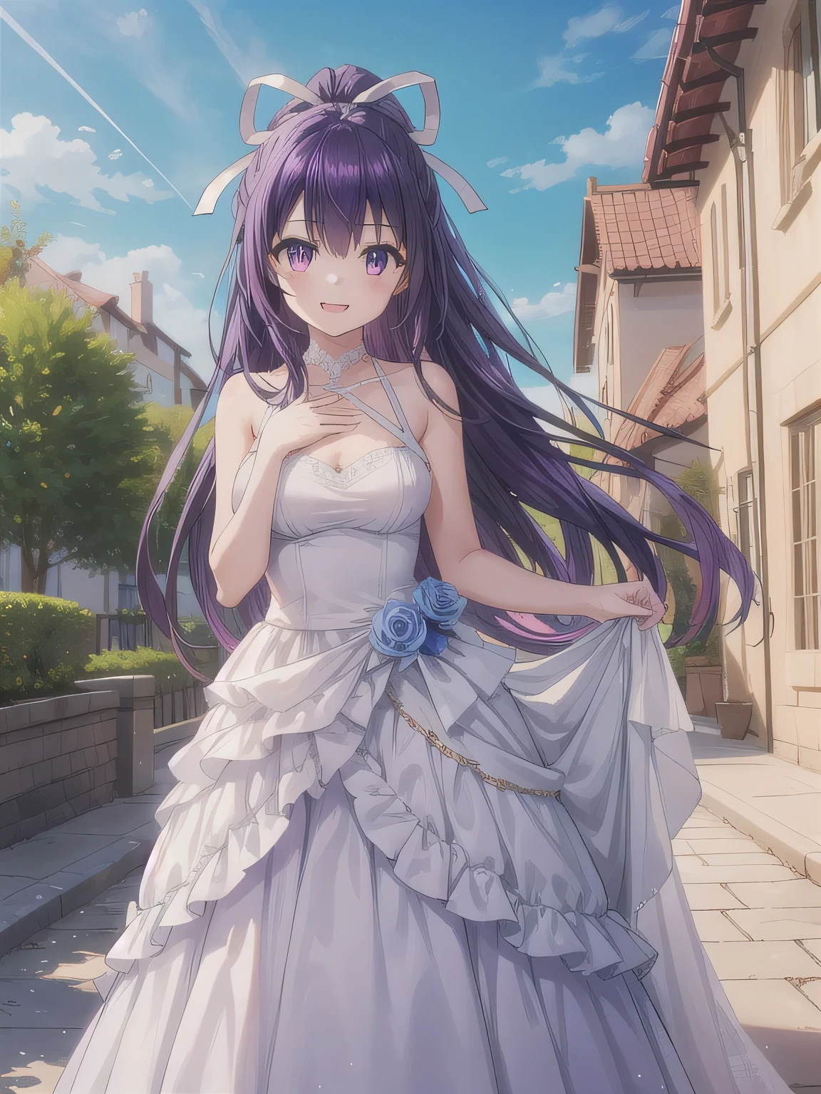 (Highest quality,4K,8K,High resolution,masterpiece:1.2),1 Girl,Purple Hair,Purple eyes, Fine grain ,General Raiden from Genshin Impact, Super detailed, Perfect Face, Great eyes, Hilarious, smile, Digital Art, Surrounded by cherry trees, Beautiful Wedding Dresses,