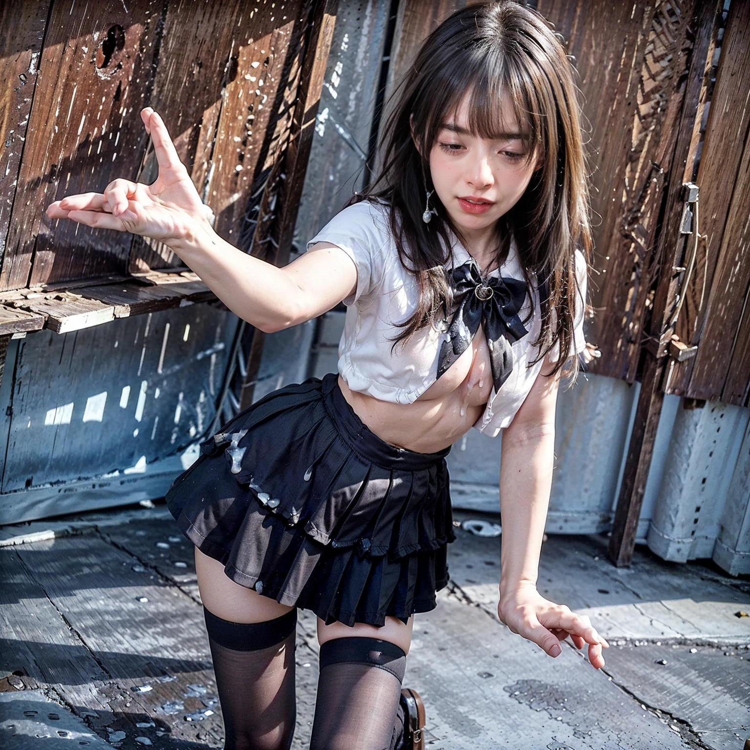 RAW Photos, Highest quality, High resolution, Realistic, One girl、Young Japanese Girl, 17 years old, whole bodyポートレート, Expressionless, poker face, Stone Face, model, Big Breasts, short hair, Wavy Hair, Curly Hair, Gray Hair, Silver Hair, Light brown hair, Hollow Eyes, Hollow Eyes, ((Thin thighs)), Diagonal bangs, Cute face, Shiny skin, Beautiful body, Beautiful Skin, concentrate , Naked from below, (school uniform, Lead Bow Tie, Black apron dress, Highly detailed corset, Gothic, Frill dress, Beautiful embroidery, (Long skirt:1.2):1.4),  (Skirt flip:1.5) show, underwear, simple underwear, (Squat、One knee:1.5)、(Spread your legs:1.5)、((Showing white panties))、Good lift、Exposing the breasts、Showing off a white bra、Troubled face、climax、Excited、close your eyes、Open your mouth、Sword Drawing Technique, Battoujutsu、whole body