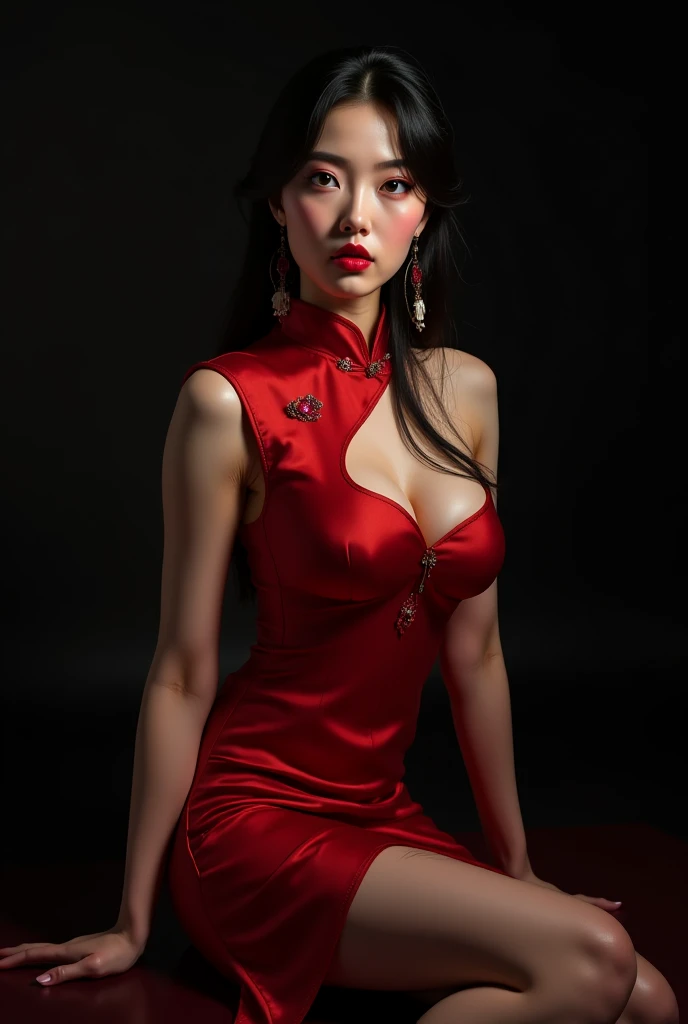 woman in a red dress is posing with a large futa prolapse, inspired by Hendrik Goltzius, a photo, fine art, glamorous and sexy geisha, red biomechanical dress, cheongsam, lady in red armor, oriental fantasy, chinese dress, playfully sticking out her long tongue. She wears a stunning red dress adorned with intricate Chinese patterns, featuring a red corset and crinoline. Her long, curly hair cascades volumetrically, while she squats gracefully, holding her skirt. The scene is ultra-realistic, highlighting her long legs and wide hips, complemented by red toe socks.