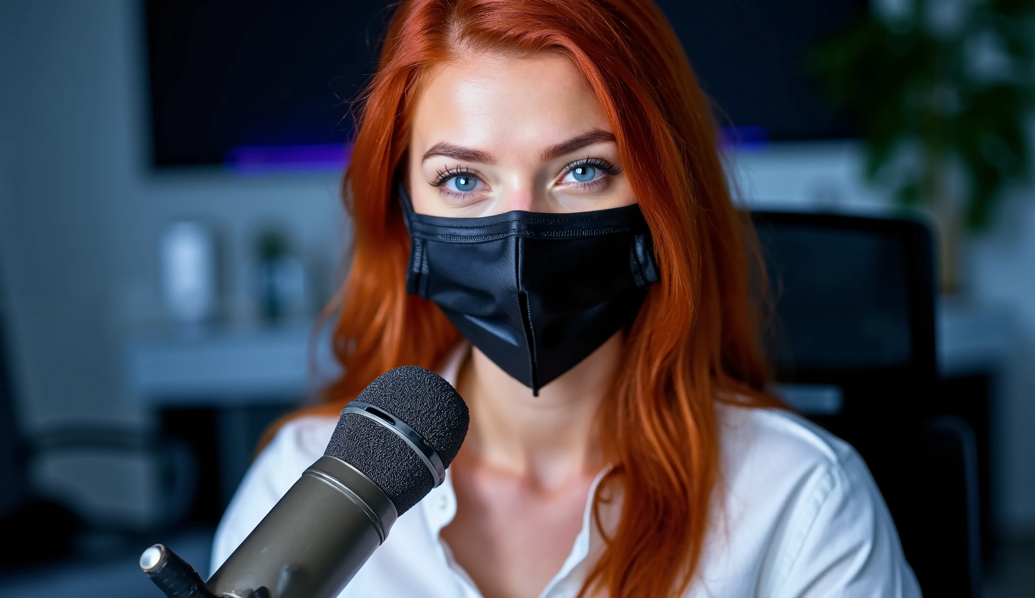  young super cute 18 years old redhair podcaster, looks like Ana Di Armas , meaty thighs , nice breasts, blue eyes, wearing a white shirt,  wearing a black satin medical mask , sitting behind a modern desk , her body facing the viewer , with a proffessional microphone , and podcast high tech setup  , in a podcast ambiance with LED lights behind her , facing the viewer .
