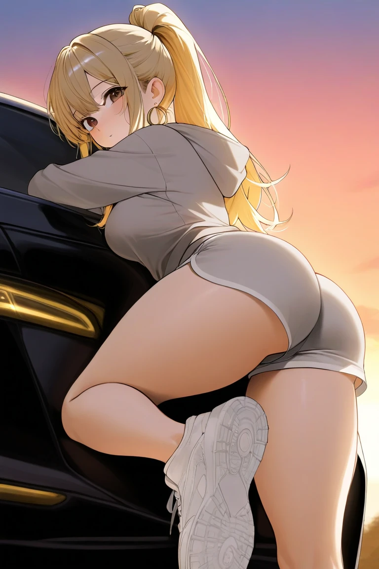 1girl, light furry blonde hair, one big ponytail, side bangs, choker, makeup, black eyeliner, black eyeshadow, black eyelashes, naked, closed eyes, 1boy, penis in ass, doggy style pose, sex, side view, inside the car, desert