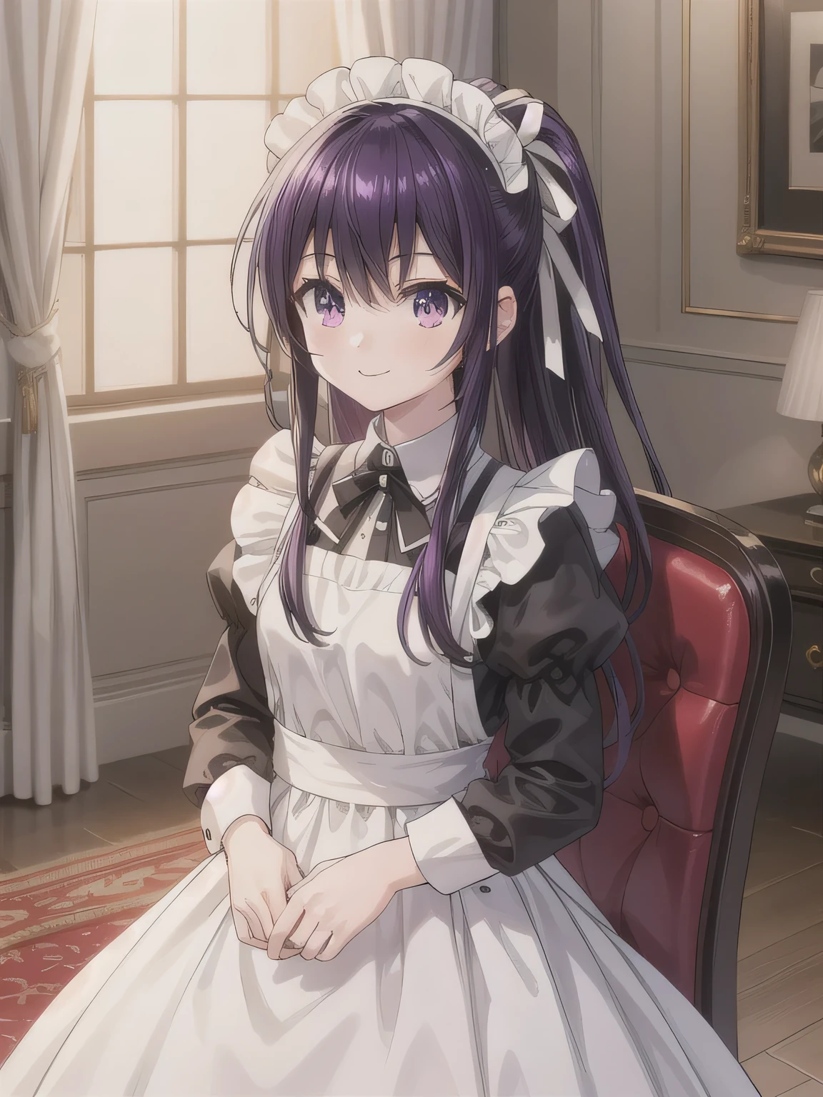 Depict a 20-year-old, very beautiful woman in a luxurious mansion room. She is dressed in a classic black-and-white maid outfit with a short hem and wearing a white brim cap. Her expression is confident, and she is smiling warmly. The setting includes elegant furnishings and decor typical of a grand estate, with soft, natural lighting to enhance the sophisticated atmosphere. long hair, purple hair, ( Purple Eyes:1.1), Hair Ribbon , ponytail, purple hair, white ribbon.