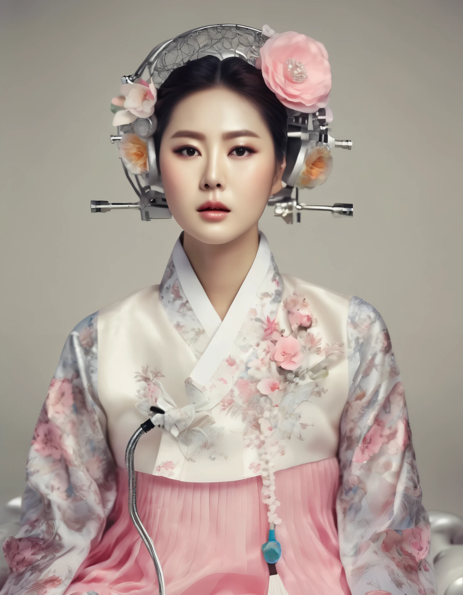 8k, A Korean man had surgery to change his body from male to female, his body is completely female, he has big breasts like a woman, but his face is not changed and still looks like a man, His hair is still manly and short, manly short hair, he is wearing a mother's hanbok dress costume, silk, white and pink, Floral pattern, sexy, see-through, He sits upright in a special chair with complex electrical equipment, Being brainwashed, There are several electrical cords and electronic devices plugged into his head, Being brainwashed, brainwashing electronics attached to head, expressionless, eyes closed, unconscious, Full body shot