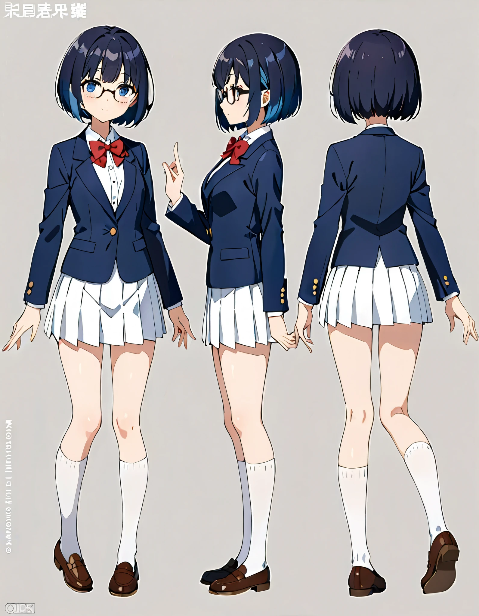 masterpiece, best quality, 1girl, solo, solo focus, brown shoes, matching shoes, white socks, matching socks, (blazer, blue blazer, white shirt), (red bow, bowtie), (white skirt, pleated skirt, miniskirt), glasses, standing, (dark blue hair, short hair, bob hair), blue eyes, beautiful detailed eyes, beautiful detailed face, cute face, perfect hands, complete fingers, perfect anatomy, perfect proportions, full body with costume. Simple background, Multiple Views, Character Sheet Full-Length, equal height