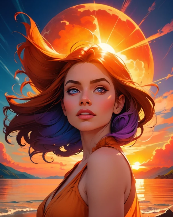 Create a mermaid with short red hair, orange eyes and ebony skin, realistic drawing style, put elements like water a night sky and with stars and the moon, focus on the face
