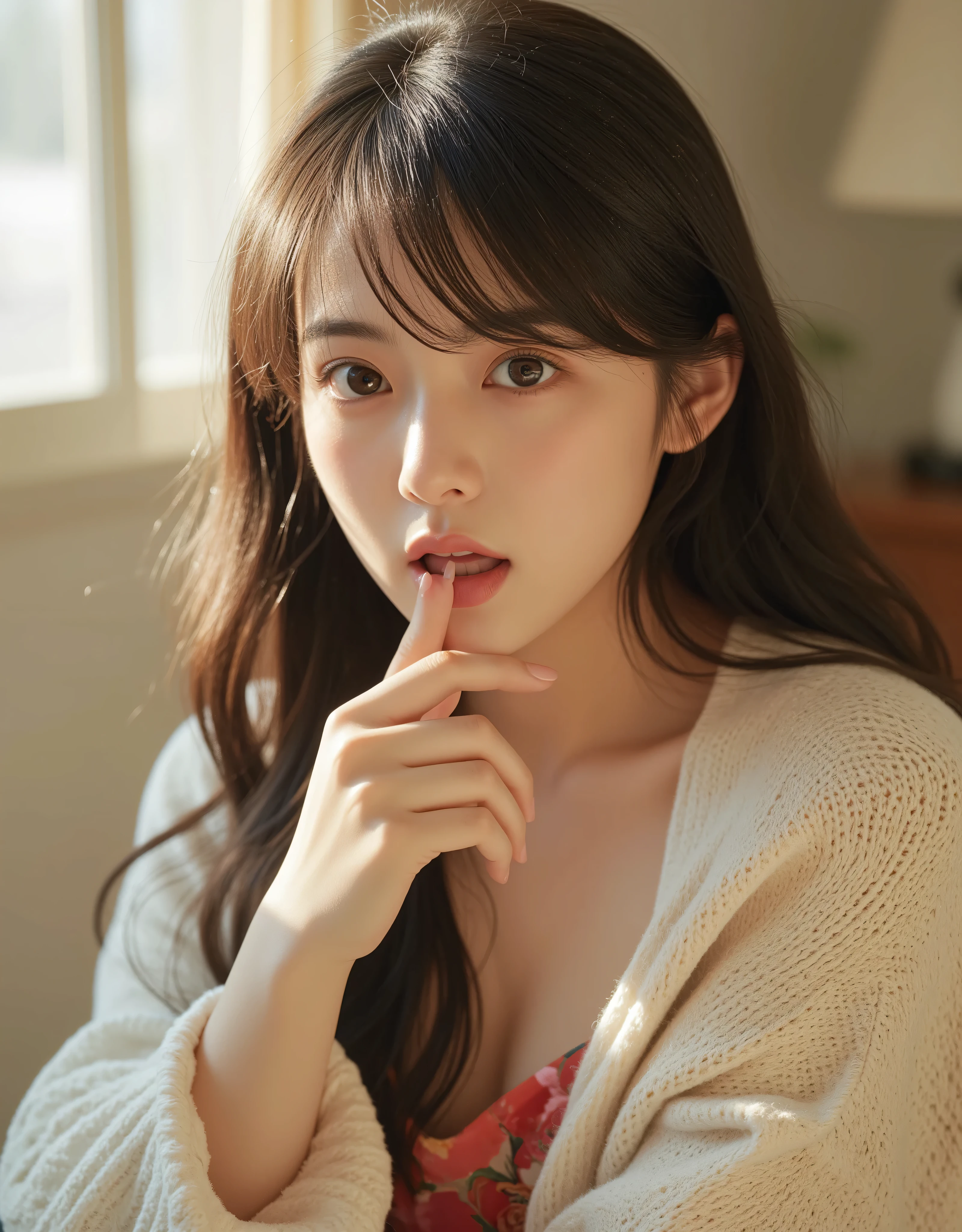 "A photograph of a young Japanese woman with a sweet and innocent appearance. Her fair, translucent skin has a natural, dewy glow, and her long, silky black hair cascades gently over her shoulders, subtly reflecting the morning sunlight. Wispy bangs rest on her forehead, framing her delicate features with an elegant, timeless charm. Her large, round eyes with a gentle upward tilt are framed by delicate lashes, shimmering with a dreamy quality. She wears natural makeup with soft eyeliner and no blush, enhancing her strong yet delicate expression.

She is dressed in a cozy, oversized cardigan in soft, muted colors, layered over a vibrant, subtly patterned top, adding warmth and personality to her look. The gentle contrast of colors enhances the relaxed yet lively atmosphere. Letting out a small, drowsy yawn, she gently covers her mouth, her teary eyes holding a sleepy, affectionate expression. Early morning sunlight streams through a window, casting a golden glow on her face and hair, emphasizing their soft, silky texture. The blurred background features minimalistic elements like a small lamp and a nightstand, enhancing the intimate and tranquil atmosphere.

Ultra-realistic, cinematic lighting, detailed textures, warm and dreamy ambiance, 8K resolution."