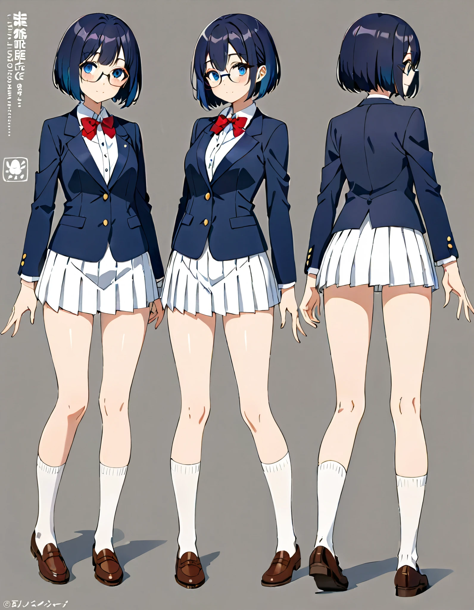 masterpiece, best quality, 1girl, solo, solo focus, brown shoes, matching shoes, white socks, matching socks, (blazer, blue blazer, white shirt), (red bow, bowtie), (white skirt, pleated skirt, miniskirt), glasses, standing, (dark blue hair, short hair, bob hair), blue eyes, beautiful detailed eyes, beautiful detailed face, cute face, perfect hands, complete fingers, perfect anatomy, perfect proportions, full body with costume. Simple background, Multiple Views, Character Sheet Full-Length, equal height