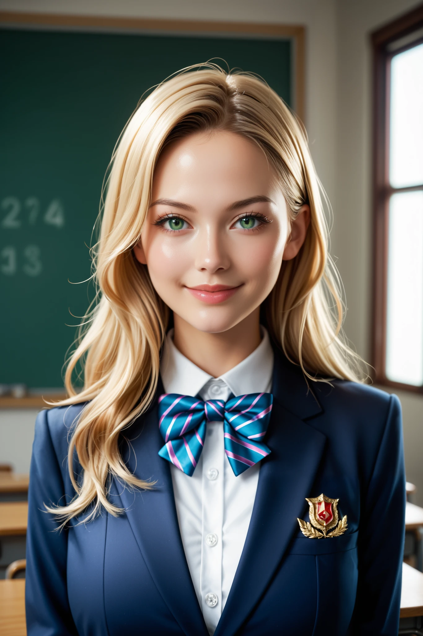 score_9, score_8_up, score_7_up, source_real, high resolution picture, super detailed, BREAK A breathtakingly beautiful woman, long hair, silky blonde hair, wearing a modern school uniform, blazer with intricate gold embroidery, bowtie, smirk, soft lighting to enhance the texture of the fabric, masterpiece, best quality, vibrant, very aesthetic, high contrast, photoresistic, newest, shiny skin, large breasts, 1woman, bust-up shot, detailed face, detailed green eyes, forehead, sliced back hair, classroom