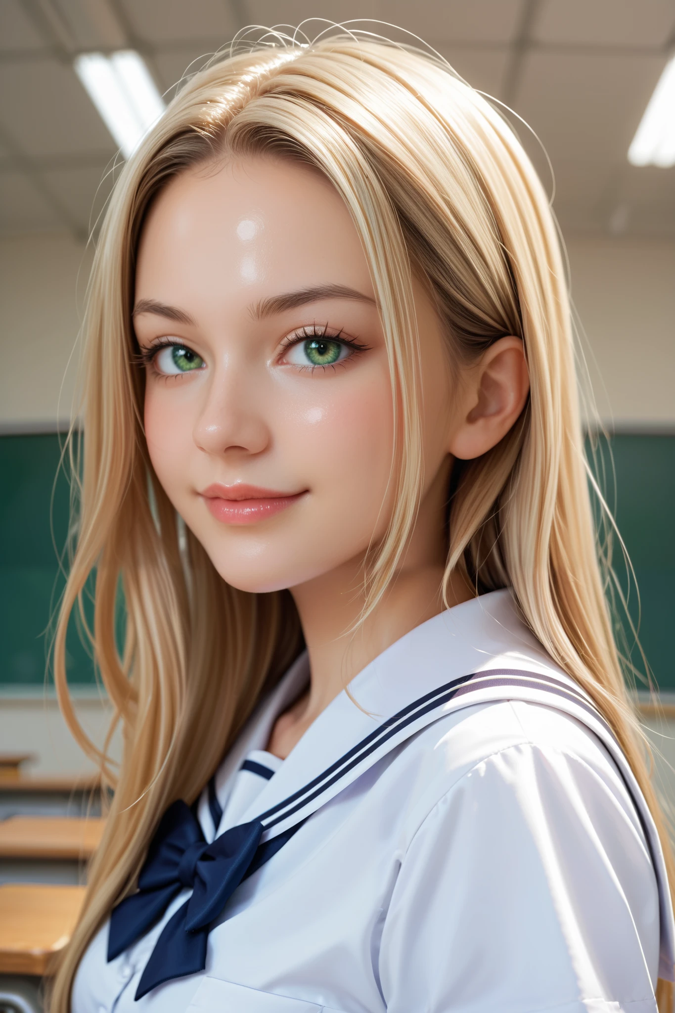 score_9, score_8_up, score_7_up, source_real, high resolution picture, super detailed, BREAK A breathtakingly beautiful woman, long hair, silky blonde hair, wearing a modern school uniform, sailor uniform, suit made of textured fabric with fine stitching, short sleeve shirt, summer style with light fabric, bowtie, smirk, soft lighting to enhance the texture of the fabric, masterpiece, best quality, vibrant, very aesthetic, high contrast, photoresistic, newest,  shiny skin, large breasts, 1woman, bust-up shot, detailed face, detailed green eyes, forehead, sliced back hair, classroom, 
