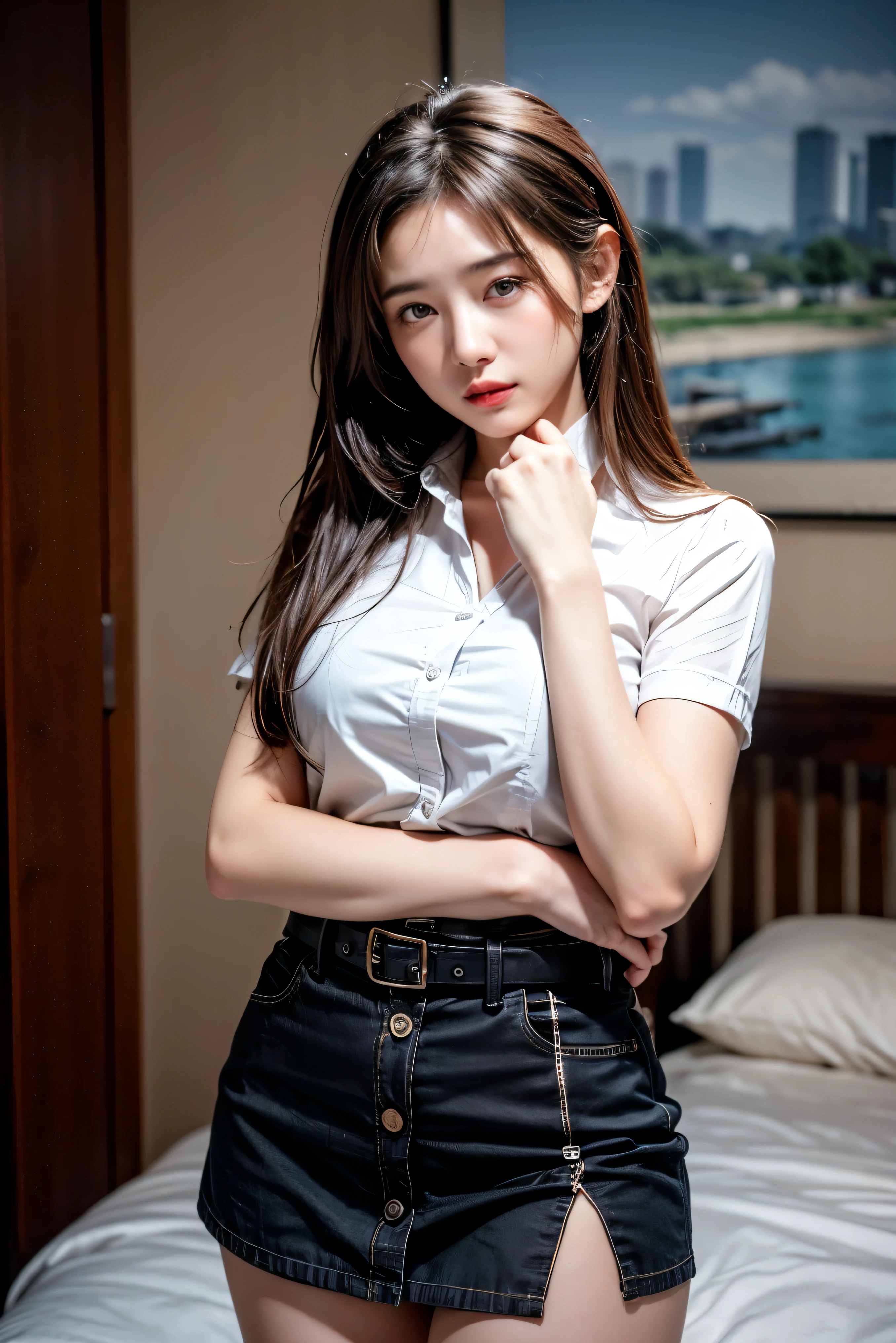 Simple whiteTthe shirt covers the upper body,wear blue briefs、 ponytail, japanese girl, legs spread、Very sexy、full body shot、8K, law pictures, highest quality, masterpiece, realistic, Photorealistic super detail, one girl, cute, best smile, beautiful eyes, long hair, perfect face,full body shot