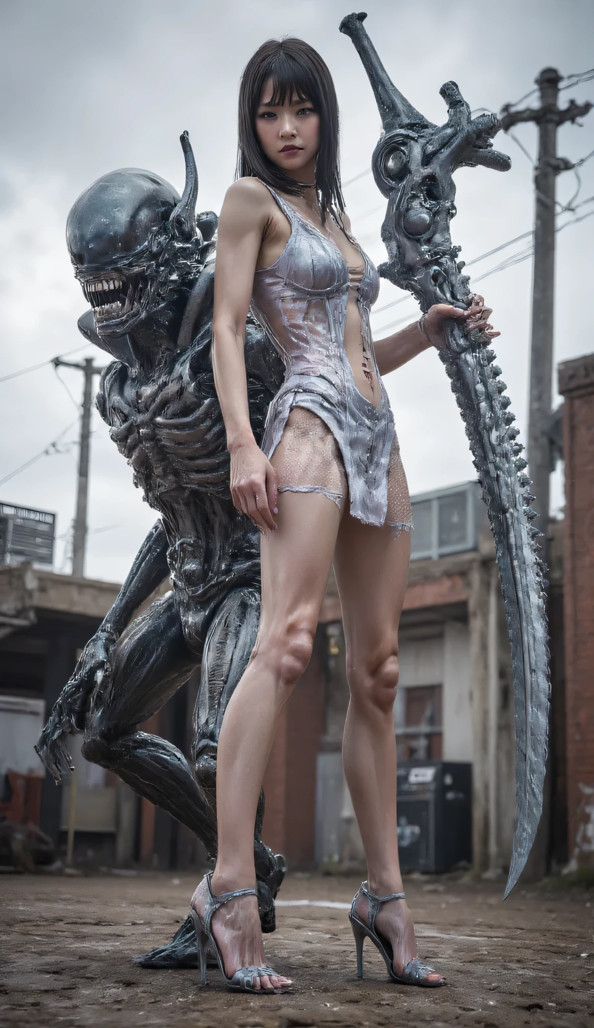 God Eater, a gorgeous Japanese girl in a deep V sheer lace mini dress, stockings, and gorgeous super high heels, standing in a dystopian urban setting, holding a huge, highly detailed mechanical chainsaw-like sword, It's filled with complex mechanical parts, gears and rivets, and is incredibly strong. (((The girl's fragility contrasts sharply with the mechanical chainsaw-like sword))), which adds to its mystery and deterrence. The background is filled with dilapidated buildings and power lines, set against a grey sky, enhancing the desolate and industrial feel of the scene. The overall image exudes a sense of power, danger, and the end of the world. Beautiful face, with super realistic and delicate features. ,Super fine F-GVA mechanical chainsaw sword, the woman raised the weapon and threw it into the air to transform into a huge mechanical Transformers Megatron **Camera movement**: The camera follows the movement of the huge machine and captures the destruction process in real time.