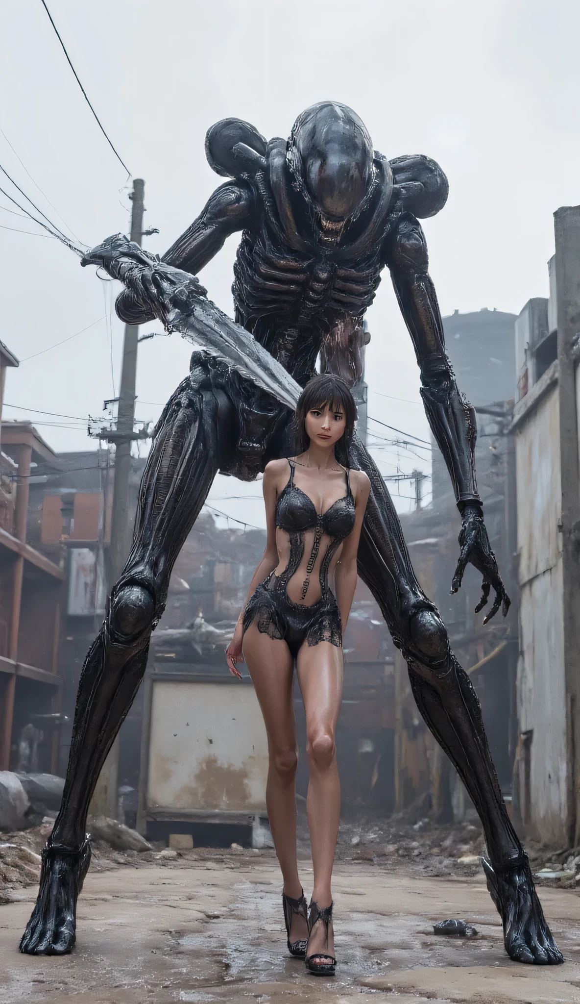 God Eater, a gorgeous Japanese girl in a deep V sheer lace mini dress, stockings, and gorgeous super high heels, standing in a dystopian urban setting, holding a huge, highly detailed mechanical chainsaw-like sword, It's filled with complex mechanical parts, gears and rivets, and is incredibly strong. (((The girl's fragility contrasts sharply with the mechanical chainsaw-like sword))), which adds to its mystery and deterrence. The background is filled with dilapidated buildings and power lines, set against a grey sky, enhancing the desolate and industrial feel of the scene. The overall image exudes a sense of power, danger, and the end of the world. Beautiful face, with super realistic and delicate features. ,Super fine F-GVA mechanical chainsaw sword, the woman raised the weapon and threw it into the air to transform into a huge mechanical Transformers Megatron **Camera movement**: The camera follows the movement of the huge machine and captures the destruction process in real time.