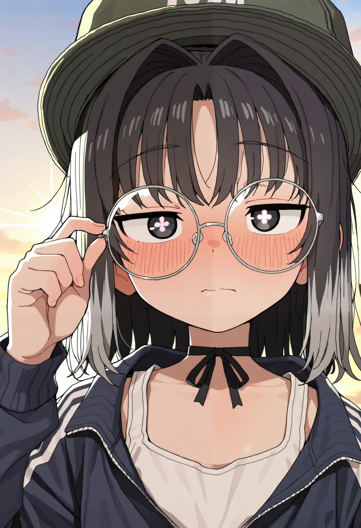 masterpiece, best quality, 1girl, face focus, ((close-up)), upper body, embarrassed, blush, closed mouth, looking at viewer, (black eyes, symbol-shaped pupils, +_+), (headwear, trucker hat, round eyewear, glasses, shiny glasses), (medium hair, hair intakes, black hair, multicolored hair, grey tips hair, bangs), (ribbon choker, black track jacket, long sleeves,zipper open, white tank top), (one hand, holding eyeglass frames), warm lighting, sunlight, morning sky, chill atmosphere, anime screencap,