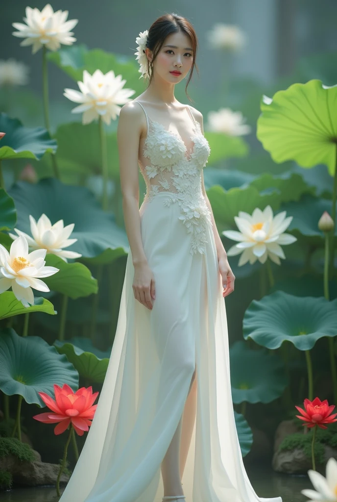 Light pink and light white shades,full body woman love, white background, natural light, lighting effects, minimalist, elegant, pure softness, soft lighting, In reality. The woman (clavicle, bshoulder,) Posted in (Pray and stand up) super giant lotus,꽃leaf이 크고 길다. (꽃leaf이 얇아요, Soft gauze, 흐르는 꽃leaf의 전체 배경, 떠다니는 꽃leaf, 슈퍼 비행 꽃leaf, 연기와 꽃leaf의 혼합 효과), lotus dress,((aspect)).lotus_leaf_fairy