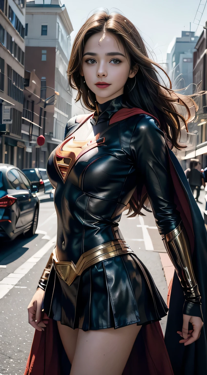 Mulher bonita cabelo preto curto definido corpo seios grandes, vestindo supergirl