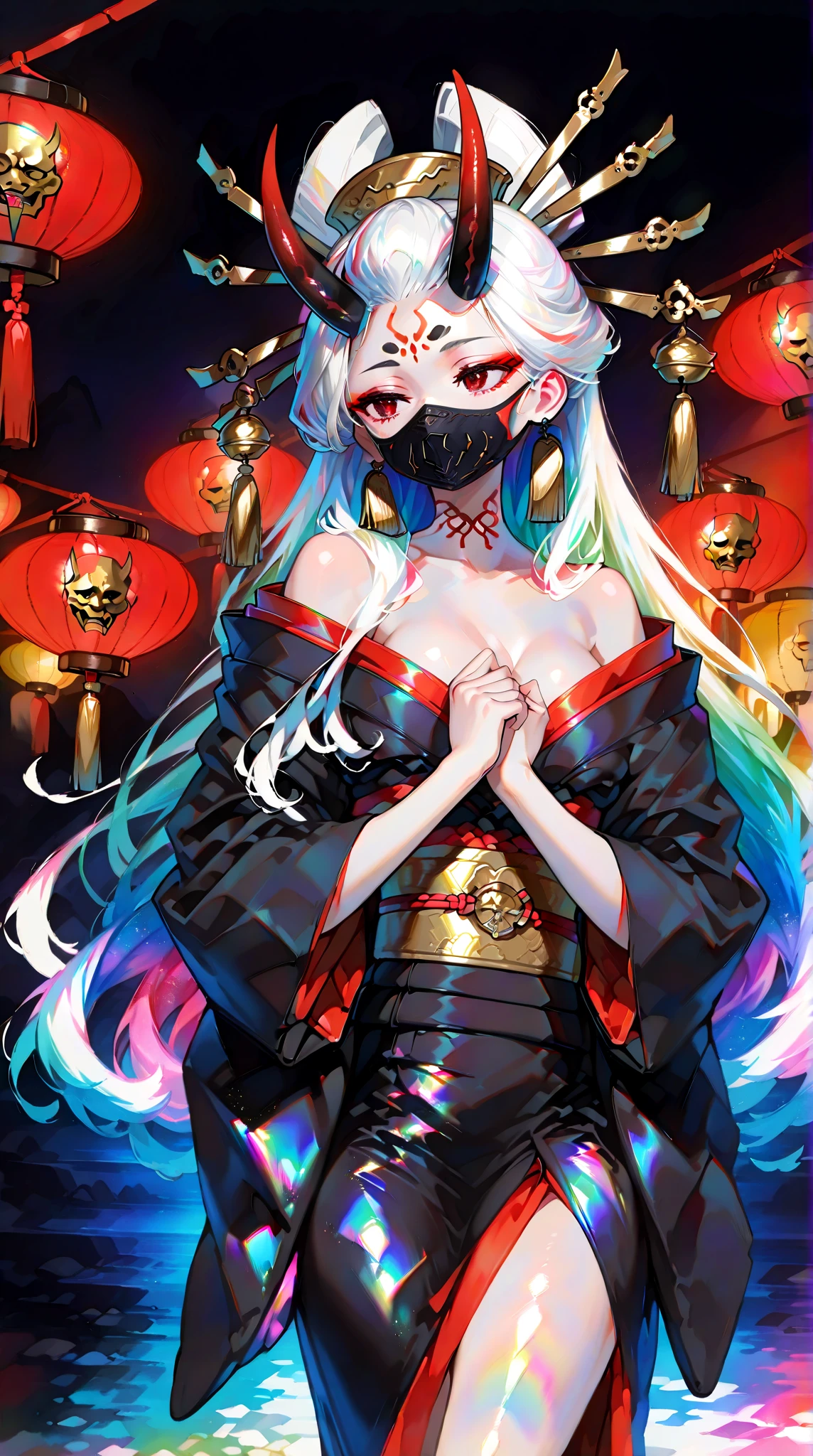 (top-quality), (masterpiece), (hight resolution), (tmasterpiece)、 cinematric light, Cinema Shadow, Sharp Image, Extremely detailed, Volumetric,(cute kittens)、1womanl,(Samurai Cosplay)、(katanas)、(heavy sweat from the body,)、(A lot of tattoos on the body)、(very long wavy hair),30-years old,Large , Huge breastsbreasted, Enlareasts, long droopi、smil、(Button-up kimono:0.7)、(Turbt colorful light) , particles effect, beautiful effects, Vivid colors, neons, Neon light, colorful water splash, clear and beautiful, Mysterious, beautifly
