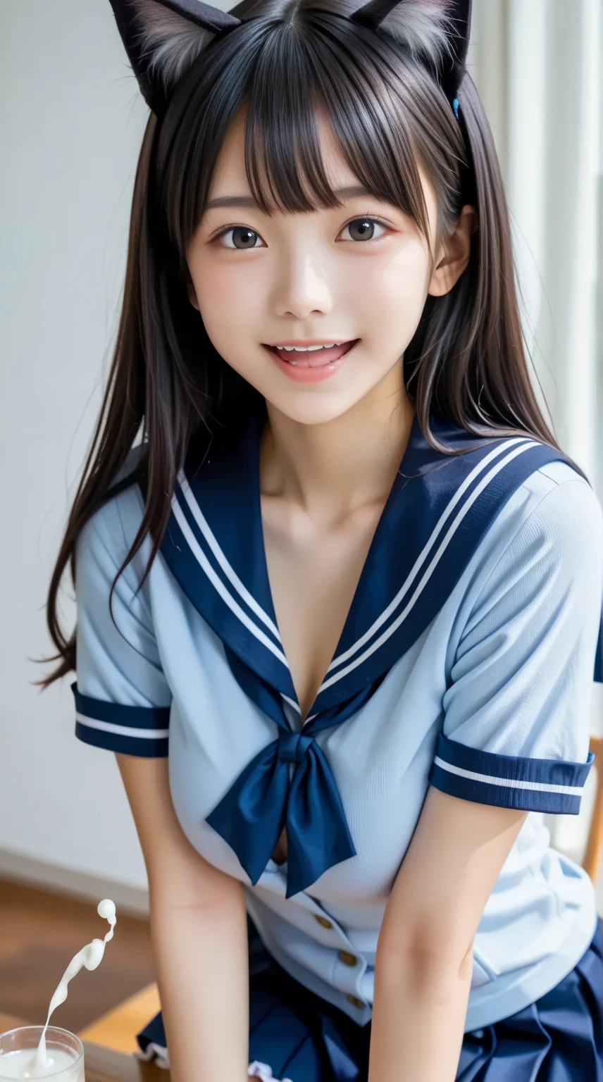 high quality、masterpiece、Ultra-high resolution、beautiful girl、beautiful girl顔、Cute girl face、Wear a sailor uniform、School Swimsuit、Delta Region、Lesbians around the world、Famous Japanese actresses、Very beautiful face、Beautiful breasts、sexy、Twin tails、Huge breasts、Too big、Saggy breasts、whole body
