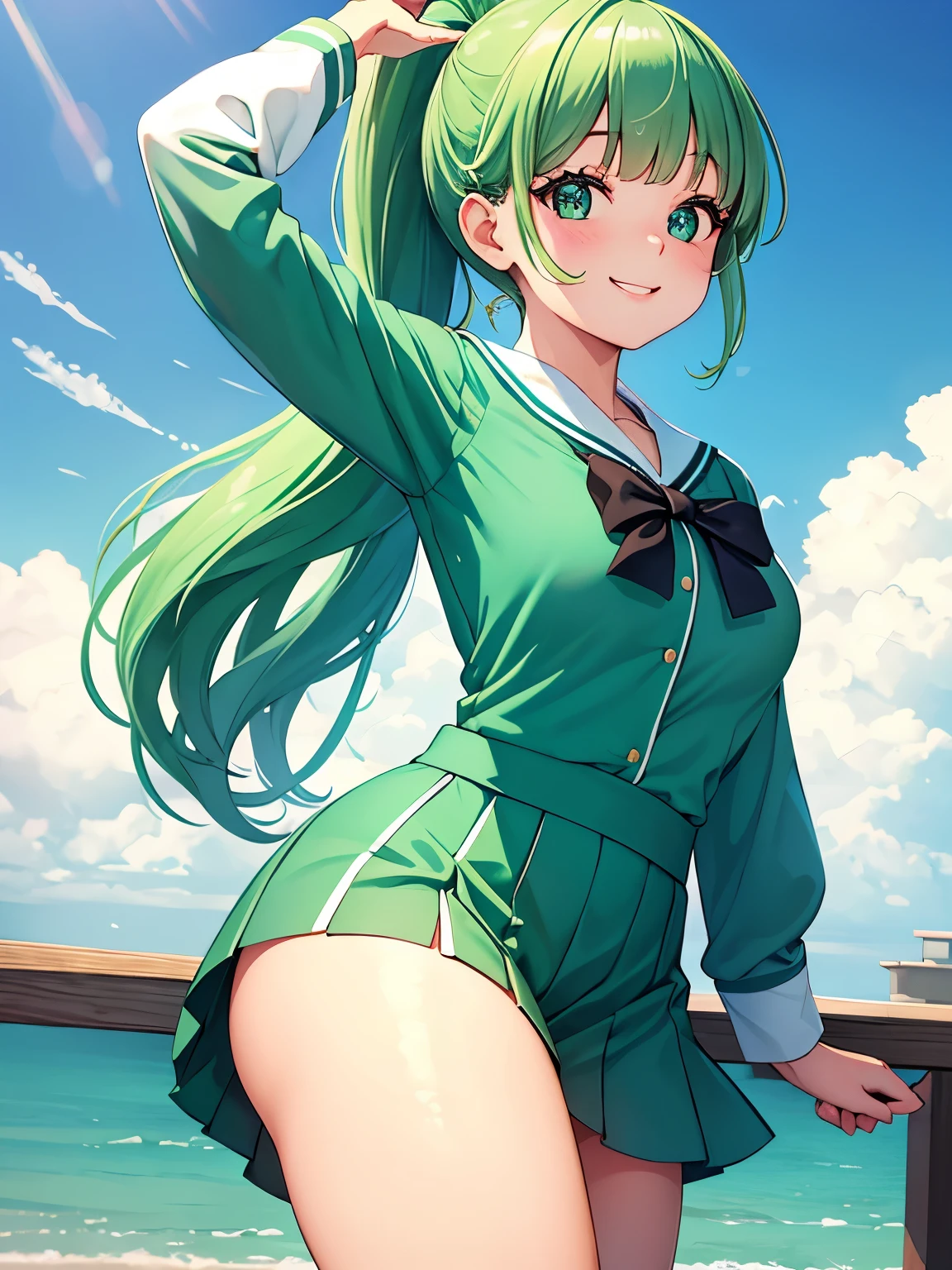 Tabletop, Highest quality, One Girl, (Sailor Neptune),Green Hair, (Green Eye:1.2),((sporty))、((Bike Pants))、Hair length、((Embarrassed expression))、((Bedroom))、((Backward view))、((Butt))、((Thigh-high socks))