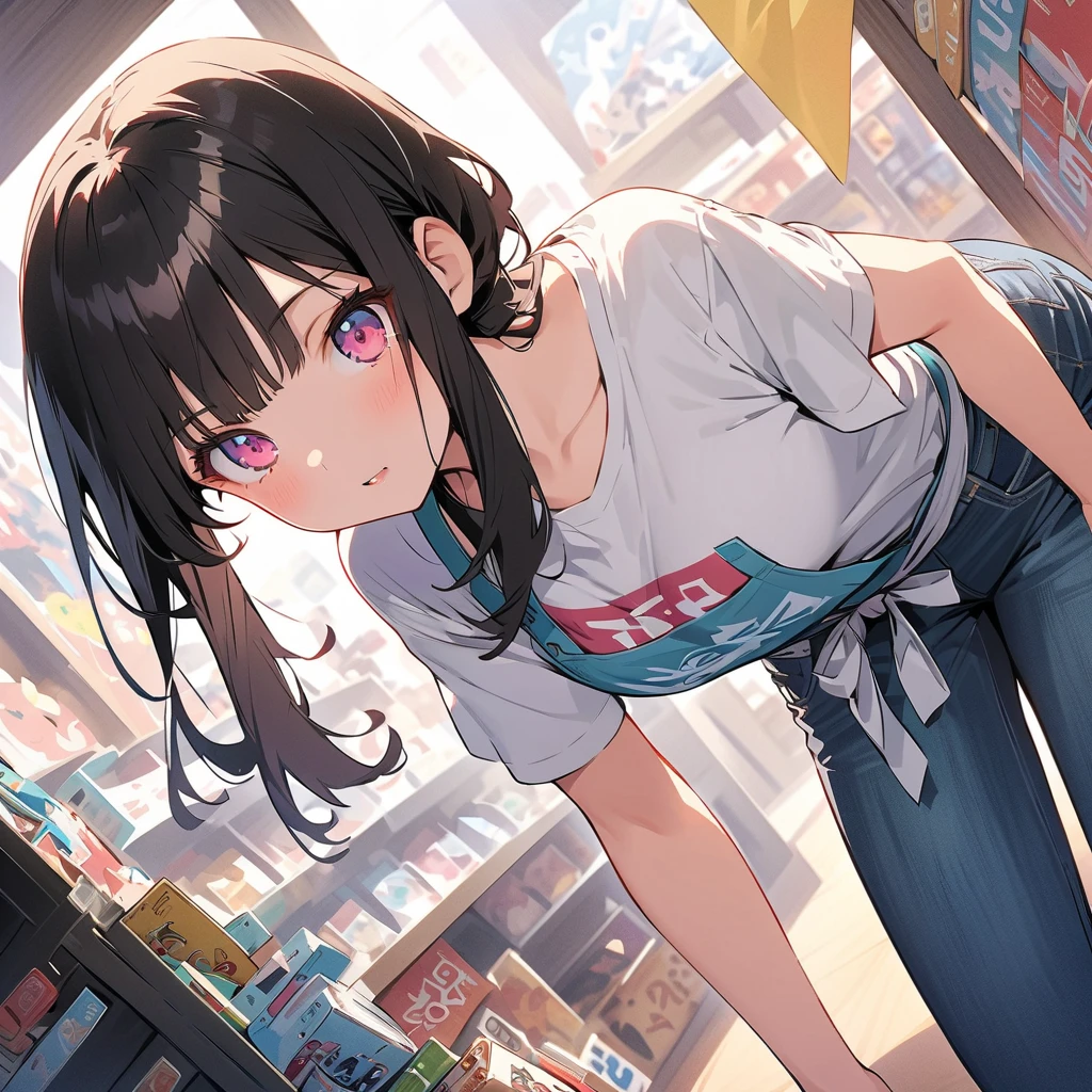 (8K、Highest image quality、highest quality、masterpiece)、detailed face、((one ))、mesugaki、black hair、short twintails、gray eyes、evil smile、((grin))、small breasts、((pink camisole))、((denim pencil mini skirt))、cowboy shot、underwear store background, kawai, open legs, bent over, looking back,