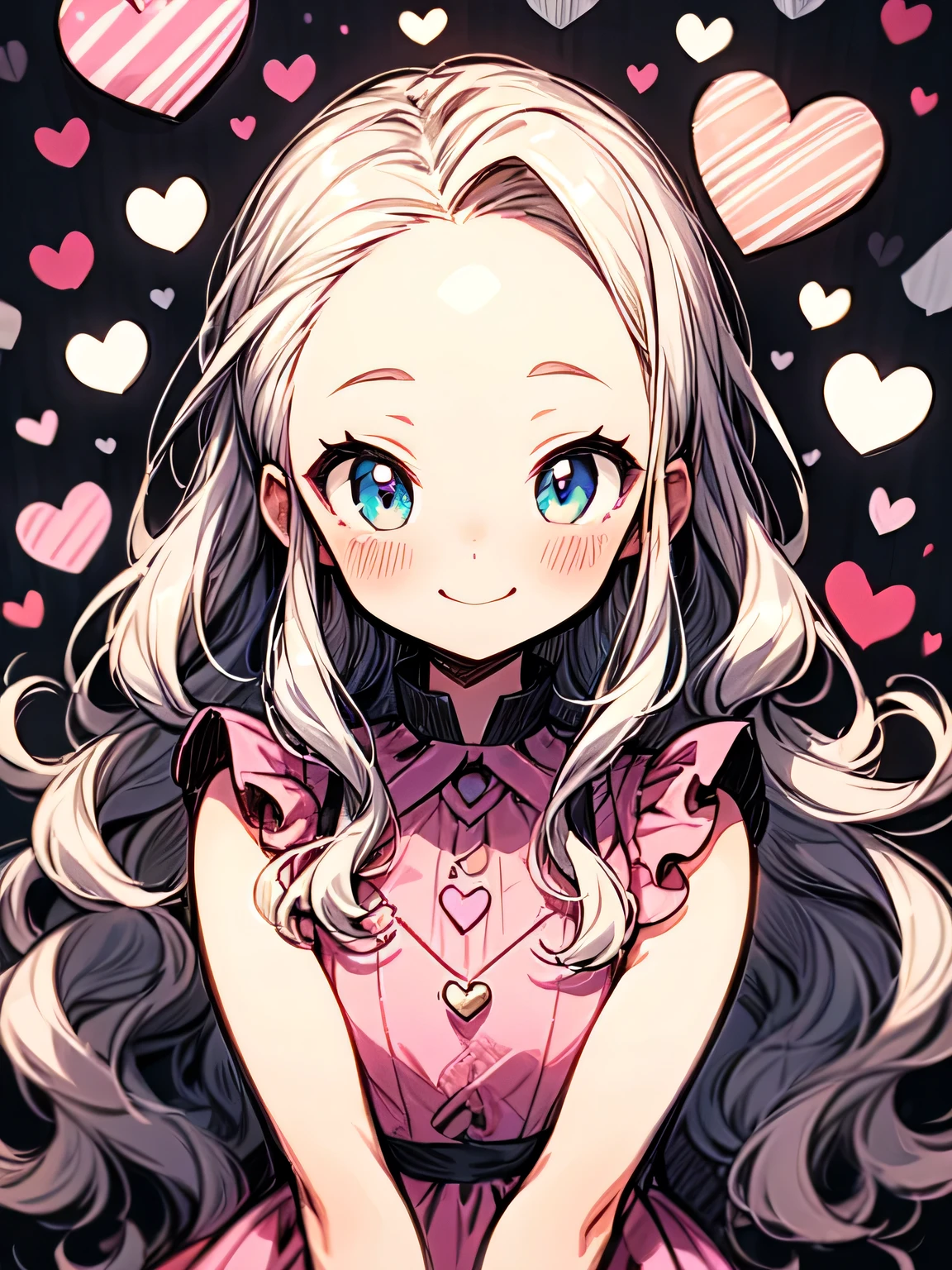 solo,upperbody,looking at viewer,brown thin long hair,big forehead,valentine chocorate,check pattern pink dress,かわいいキッチン,smile,(manga style),(sketch),(illustration),マスターピース,ベストクオリティ,