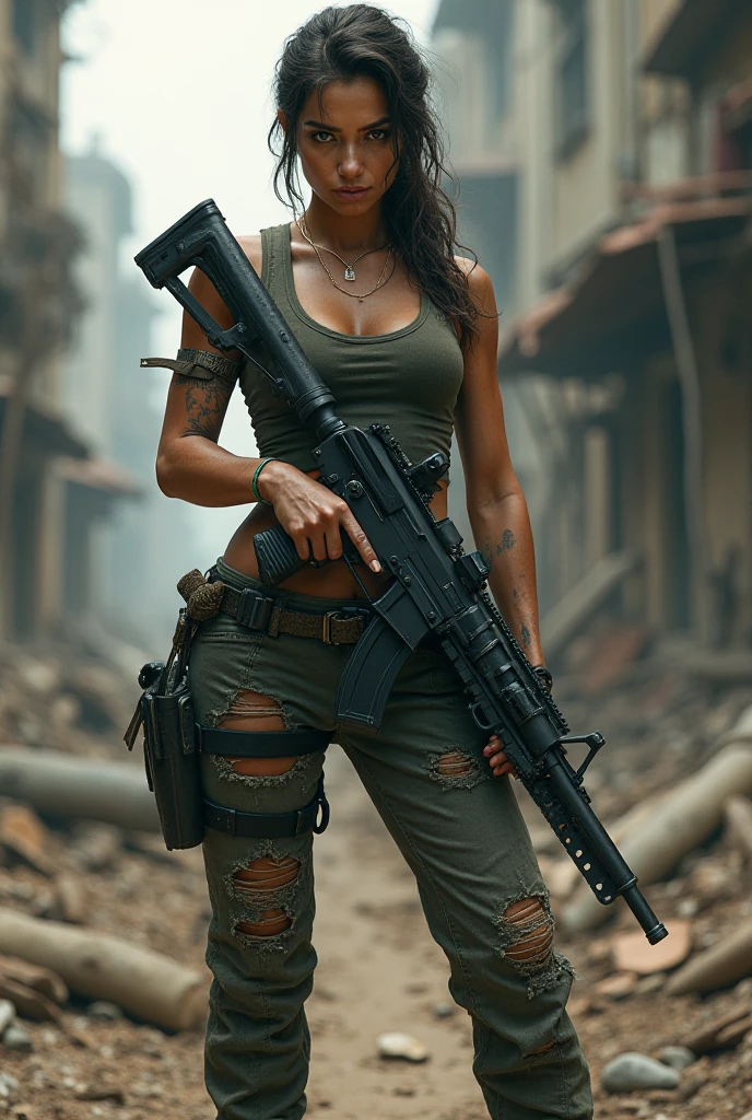 (Photographic:1.3, 16k, highest quality, masterpiece, Ultra-high resolution), Perfect dynamic composition:1.2, Highly detailed skin and facial textures:1.2, Covered in scars:1.2, (The End of the World:1.0, Contrasting with the desolate background:0.5, Increase the disruptive element:0.5, Debris and impurities scattered around:0.7), (Dynamic action pose:1.0, Professional camera work:1.0, Aim with a gun:1.0), Standing position, Beautiful Japanese women serving in the US military, Incredibly slim body, Fair skin, Very beautiful face, Stern expression, (Automatic rifle:1.0, Bulletproof vest:1.0, Torn military uniform:1.0, Backpack:1.0, boots:1.0), Shapely breasts, Chest gap, Big eyes that exude beautiful eroticism, Lips that exude beautiful eroticism, Cowboy Shot, necklace, Earrings, bracelet, Tattoo, military cap